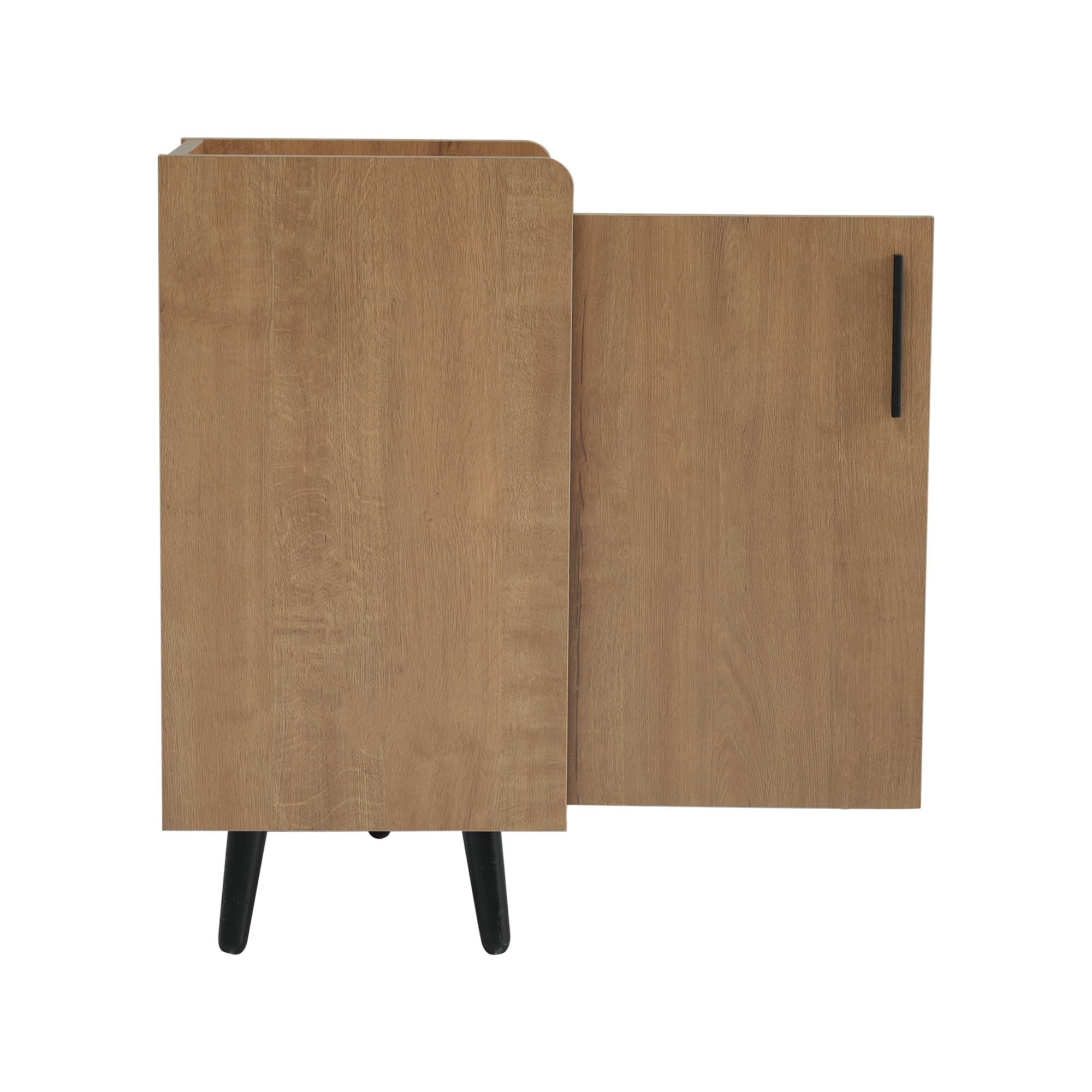 Zapatero moderno con tres puertas de almacenamiento, asas de metal asimétricas, varios niveles para almacenamiento, dimensiones B100/T34/H69 cm, natural