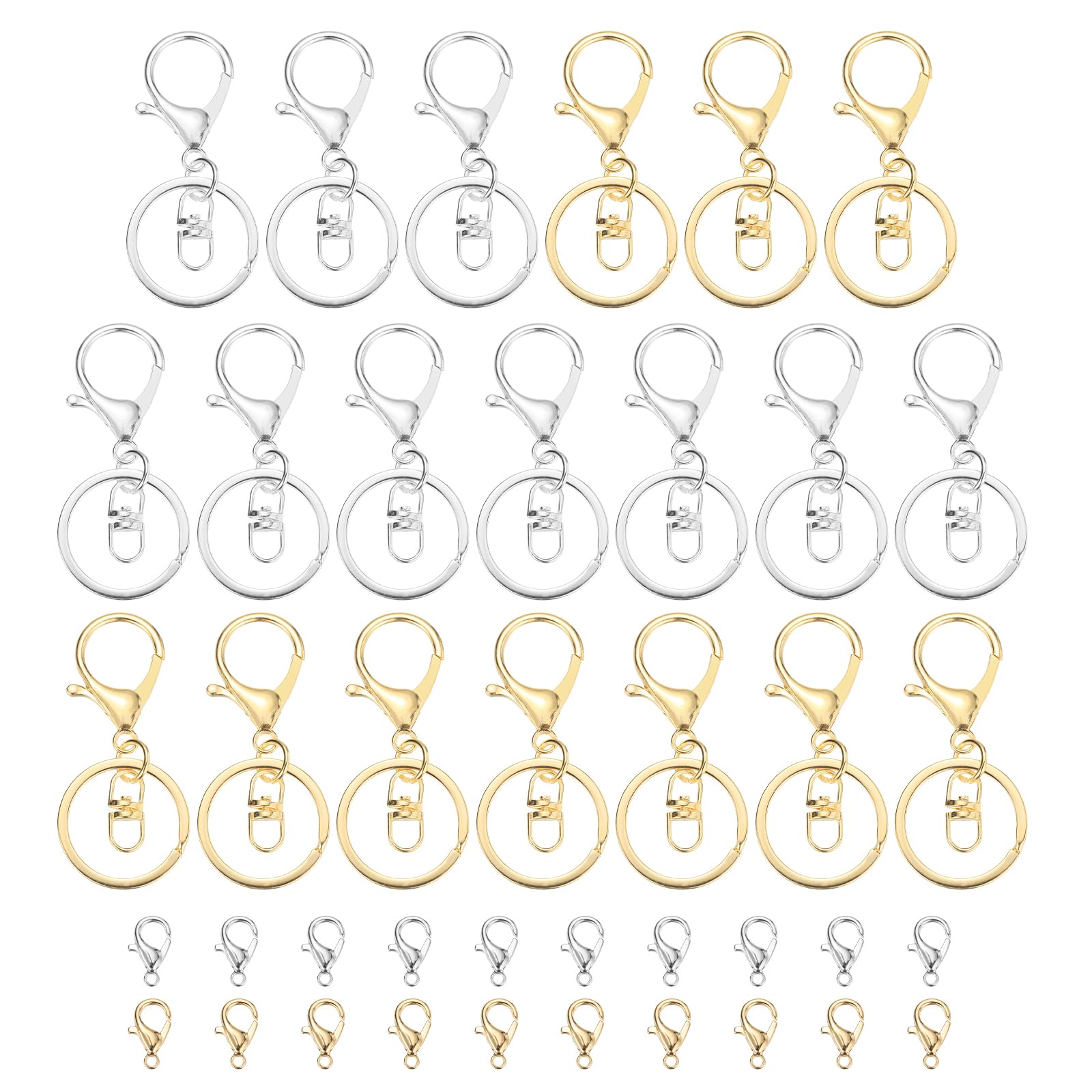 uxcell Lobster Claw Clasps Keychain, 20 Pcs Metal Lobster Claw Clasp Hook with Swivel Trigger Clip and Keychain Ring for DIY Craft Key Chain Accessories, Bright Silver/Light Gold