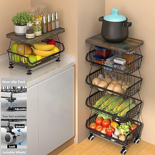 Miniatura 3 de Cestas de almacenamiento de cocina con ruedas, cestas de metal para frutas y verduras, carrito de despensa para cocina, baño, sala de estar (5