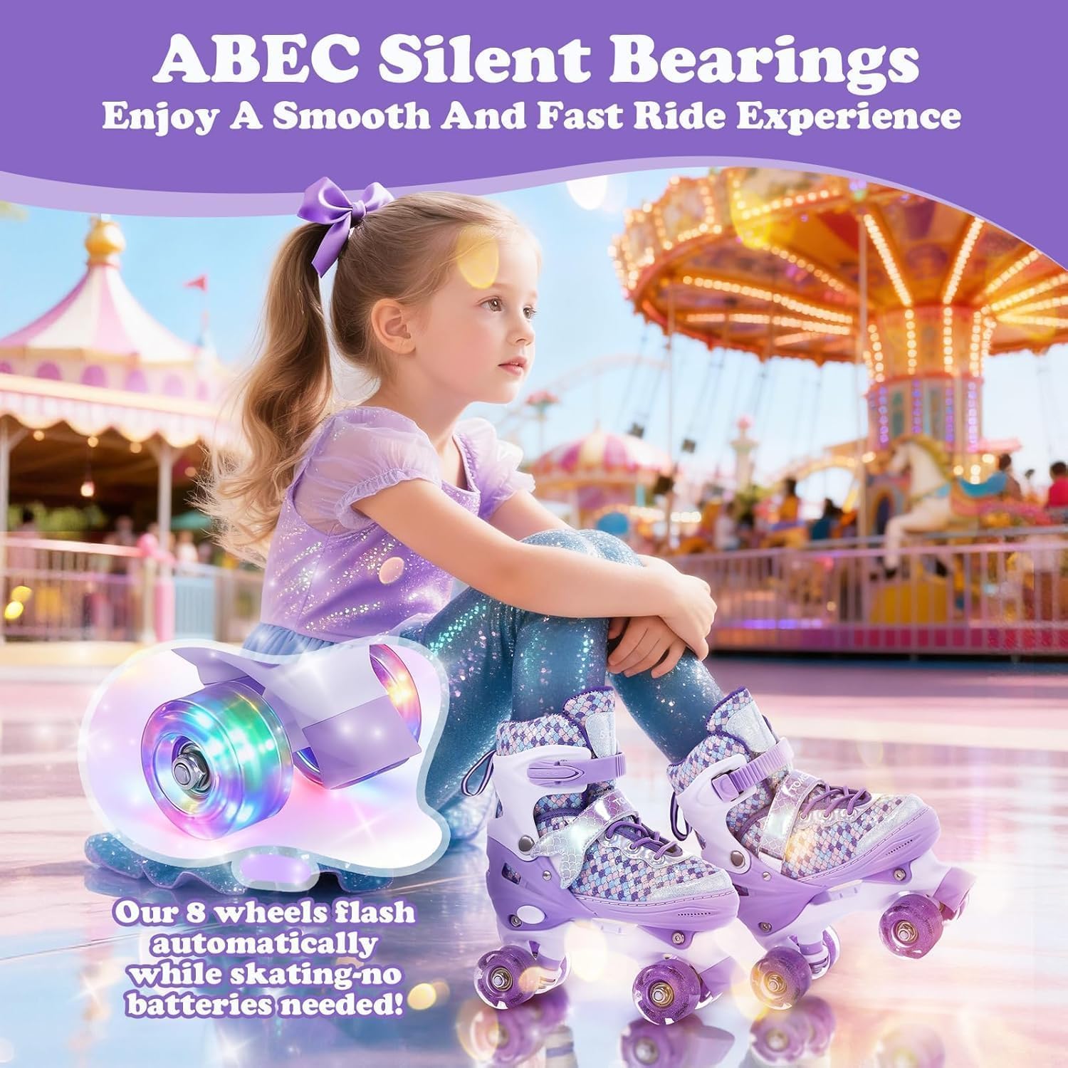 TOMSHOO Rollschuhe für Mädchen, Rollschuhe Mädchen 4 Größen Verstellbar, Kinder Rollschuhe mit 8 LED-Rädern, Bequem & Atmungsaktiv, Roller Skates mit Mehreren Schutzschichten, Geeignet für Anfänger