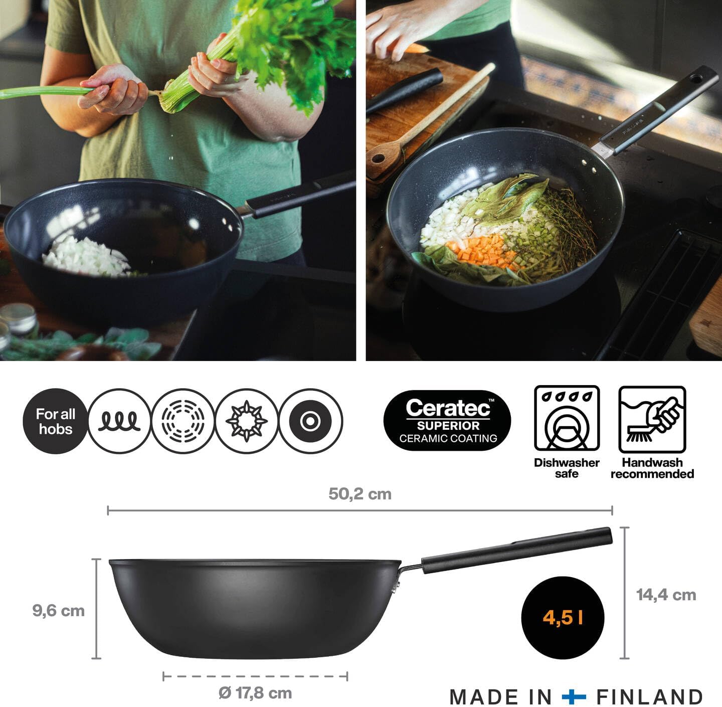 Fiskars Wok Pan Hard Face Diameter 28 cm Capacity 4.5 Litres Suitable for All Hobs Non-Stick Coating Scratch-Resistant Aluminium/Plastic Black 1075523