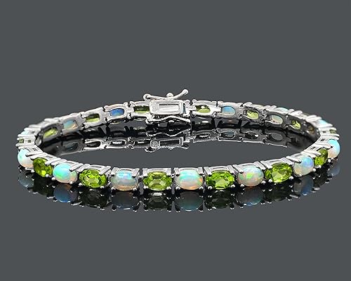 Miniatura 2 de Pulsera de tenis de plata de ley 925 ovalada de ópalo natural ovalada y piedra preciosa de peridoto con piedra natal de agosto, regalo de propuesta