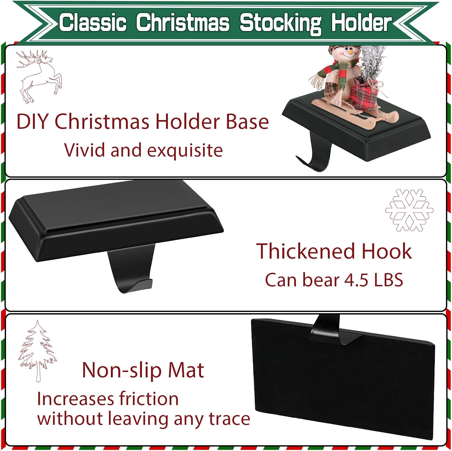 Christmas Stocking Holder Bases for Mantle, Anti-Slip Black Christmas Stocking Hangers Set of 2, Metal Stocking Hanging Hooks for Christmas Fireplace Mantel Xmas Holiday Decorations
