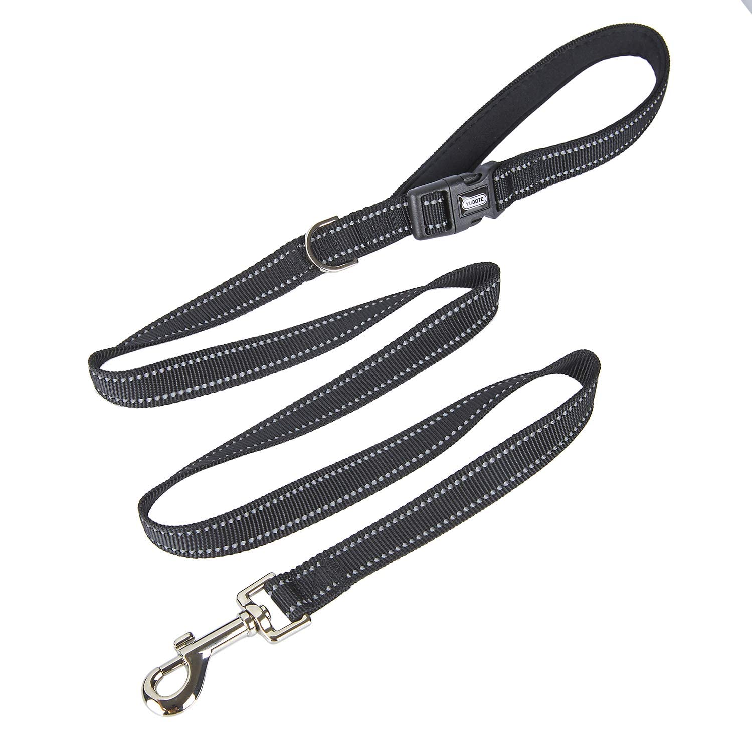 YUDOTE Reflective Strong Nylon Dog Leads,Soft Neoprene Padded Handle with Buckle Comfy Leash for Daily Walking for Medium Sized Breeds 120cm/47inch Long Black