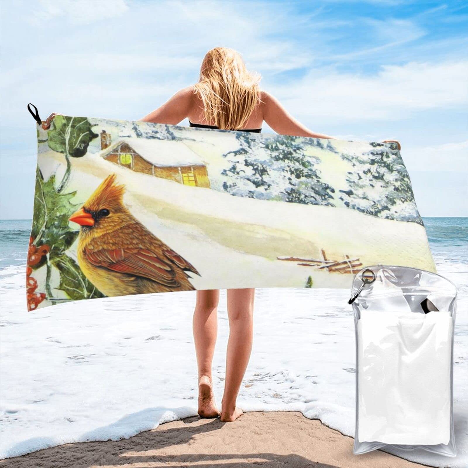 Lawenp Thick Snow and Birds Microfiber Beach Towel Adults Large Quick Drying Bath Towel Travel Towels with Pouch 31.5"x63"