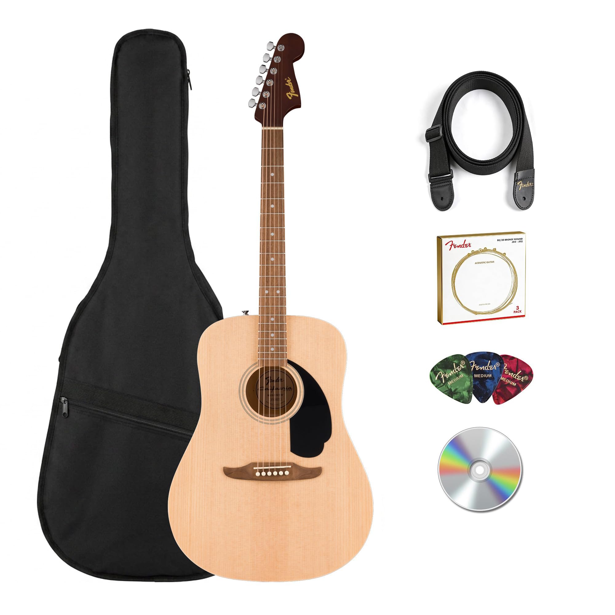 Fender California Redondo Dreadnought Acoustic Guitar - Natural Bundle with Gig Bag, Strap, Strings, Picks, and Austin Bazaar Instructional Video