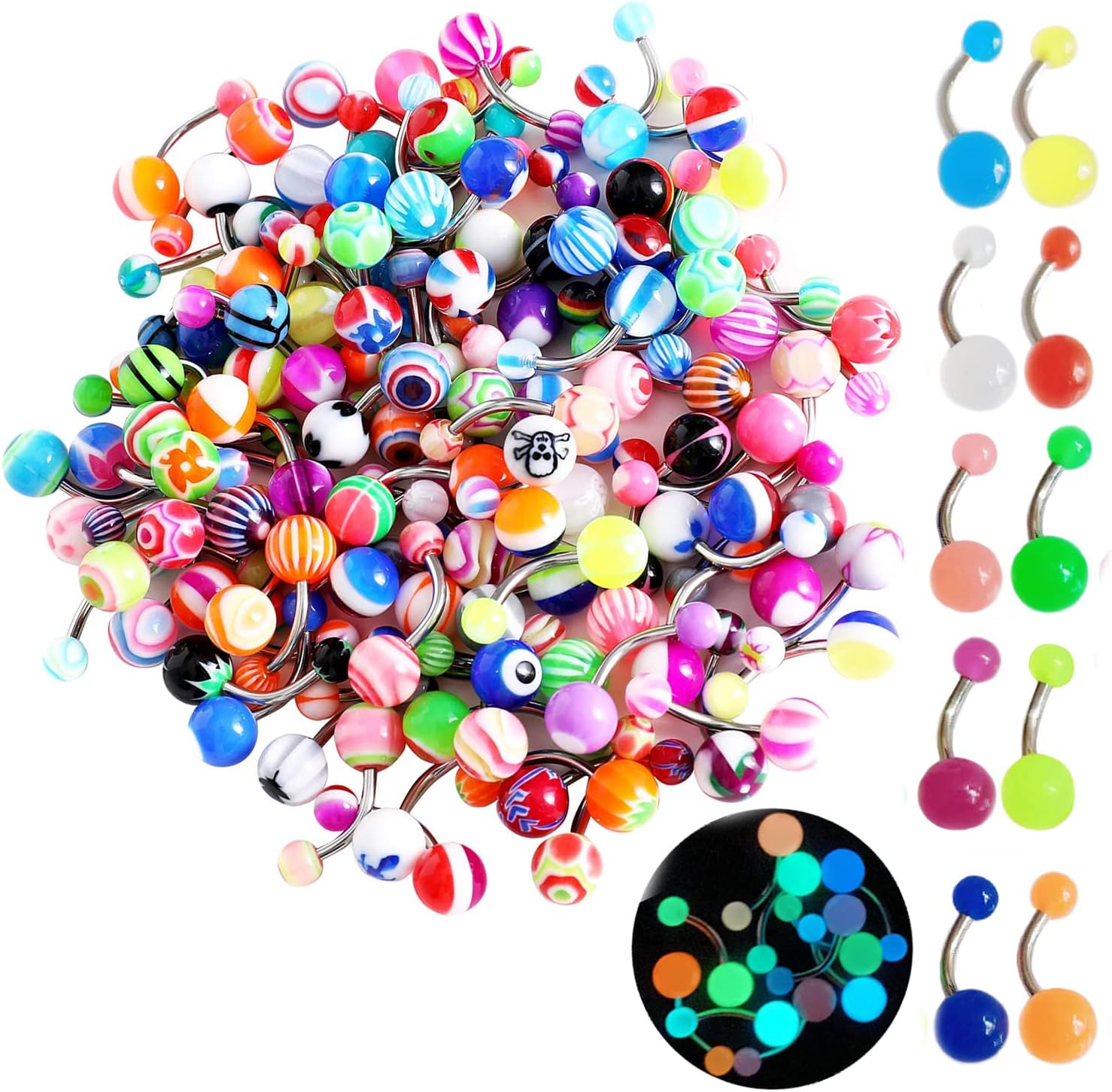 100 Pieces Belly Button Rings And 10PCS Glow in The Dark Belly Rings Acrylic Banana Barbells 14G Surgical Steel Bar Mix Color Body Piercing Jewelry (Silver color bar)