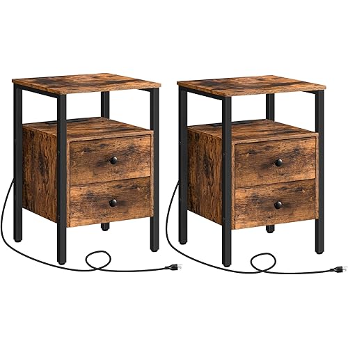 End Table with Charging Station and USB Ports, Side Table with Drawers and Storage Shelf, Set of 2, Bedside Table for Small Spaces, Living Room, Rustic Brown BF431BZP201
