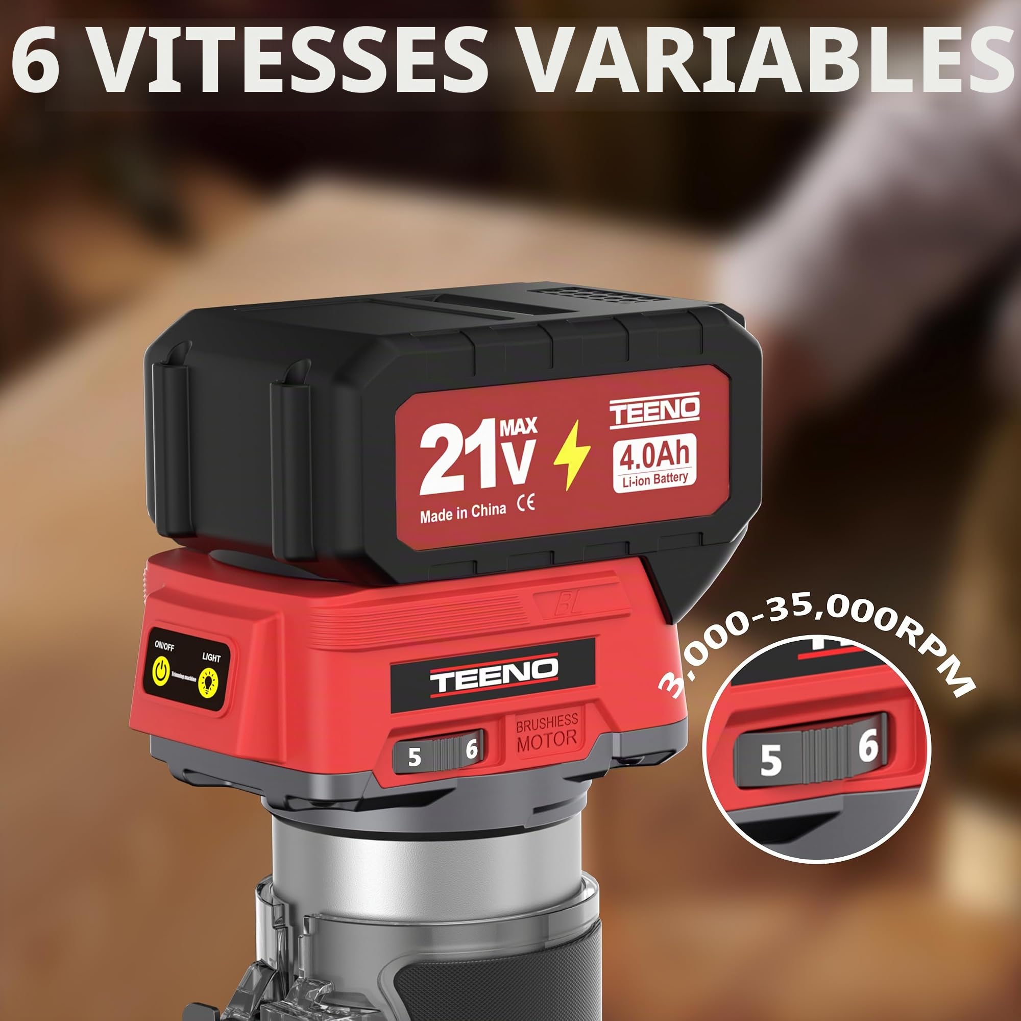 Rabot à bois sans fil 20V, mini défonceuse portable avec 2 batteries de 4,0 Ah et moteur sans balais, 6 vitesses variables jusqu'à 35,000 tr/min, livré avec guide de bord, guide à rouleau