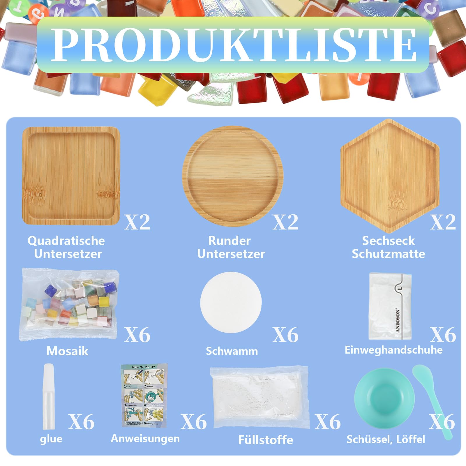 MOVATEK DIY Mosaik Untersetzer Bastelset für Erwachsene – 6 Stück Glas-Mosaik Untersetzer zum Selbstgestalten, Kreatives Bastelset für Entspannung, Geschenkidee & stilvolle Home Deko
