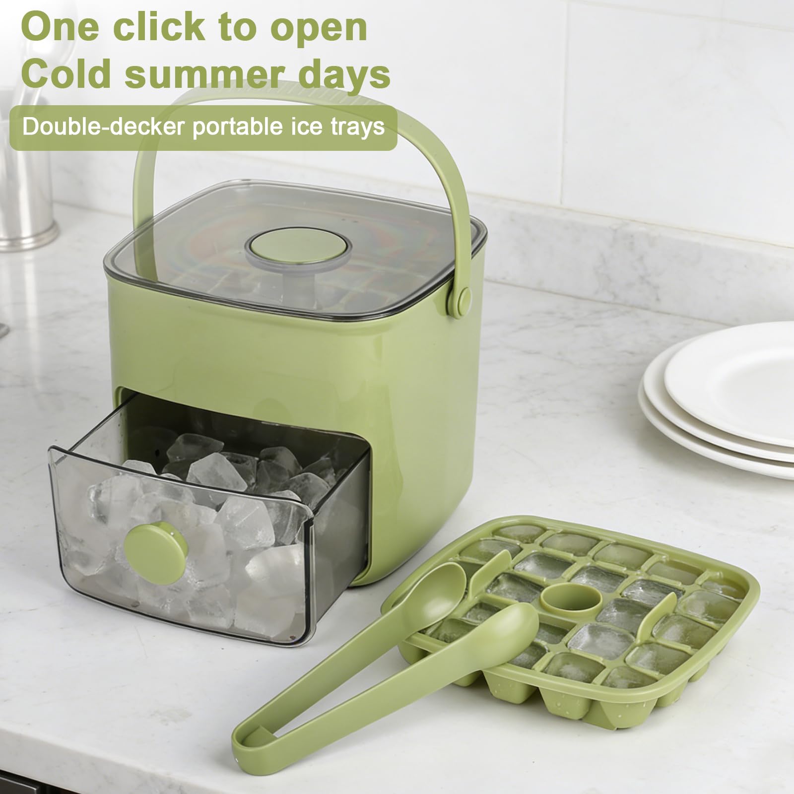 Eiswürfelbereiter DMJJSD Easy Press Ice Maker Maschine Theken-Release Alle Eiswürfel in Einer Sekunde, 48 Eiswürfelform Aufbewahrungsbox mit Griff, Eiszange & Korb, Eismaschinen für Zuhause/Büro/Bar