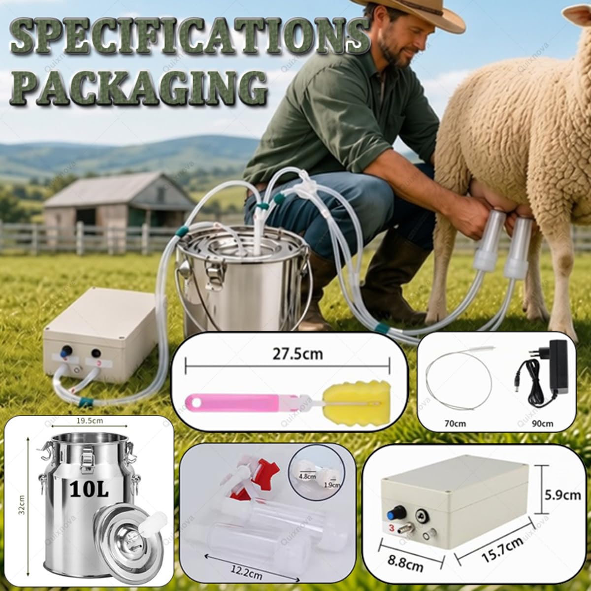 Mungitrice elettrica per mucche e capre, kit di mungitura portatile con secchio in acciaio inox da 10/14 litri per piccole aziende agricole domestiche, funzione di arresto automatico goat-10L
