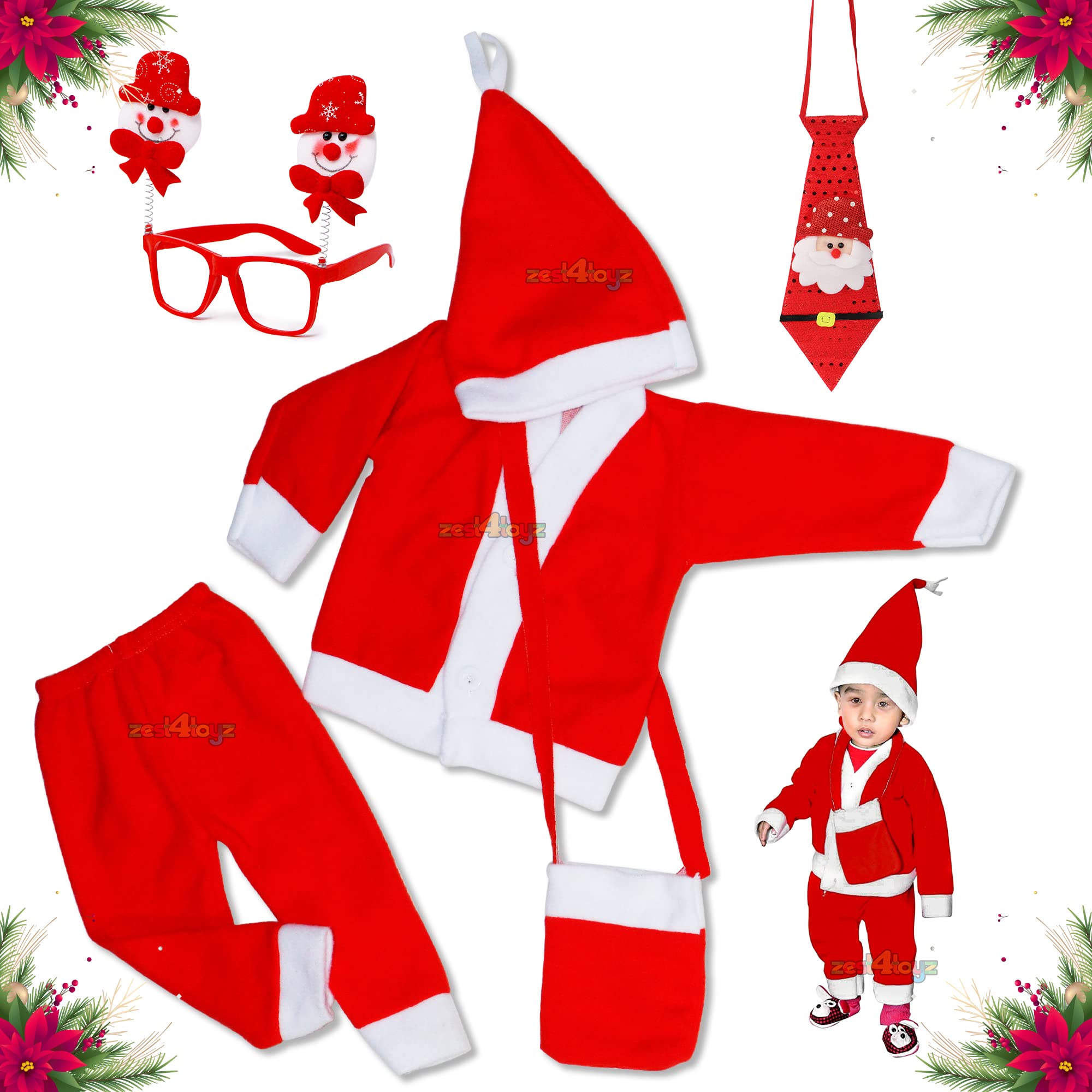 Zest 4 Toyz Santa Claus Dress For Girls Boys Santa Costume for Kids Jacket Pant Santa Cap Gift Pouch Neck Tie & Goggle Frame For Ages 3 Years to 4 Years (B0BQ7C5HJV) Amazon Price History, Amazon Price Tracker