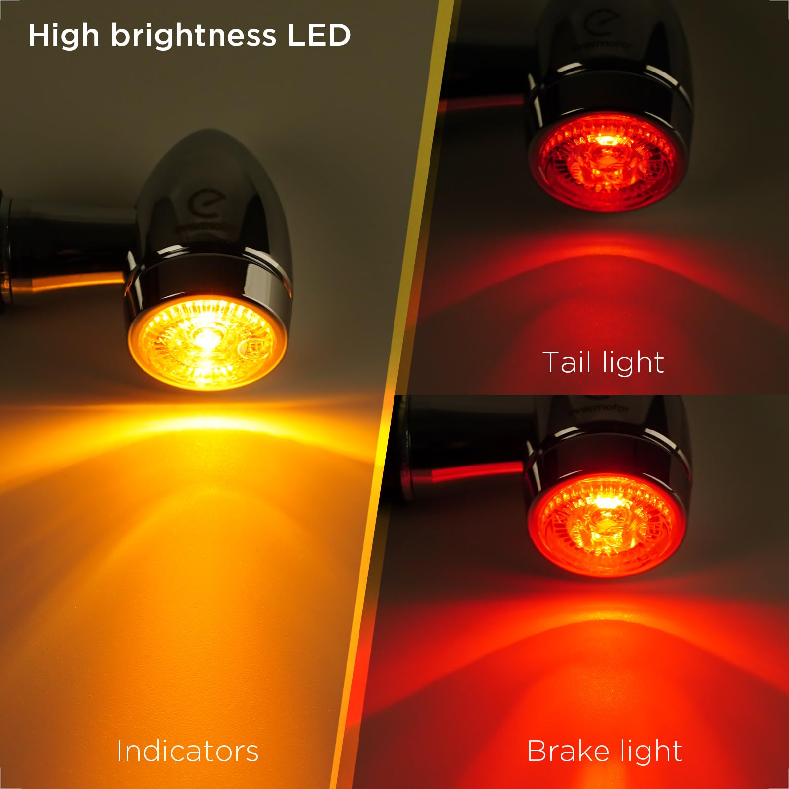 evermotor Chromowane kierunkowskazy LED 3 w 1 z homologacją 3 w 1, proces CNC 12 V, 2 sztuki, do skutera motocyklowego, aluminiowa obudowa, bursztyn, czerwony