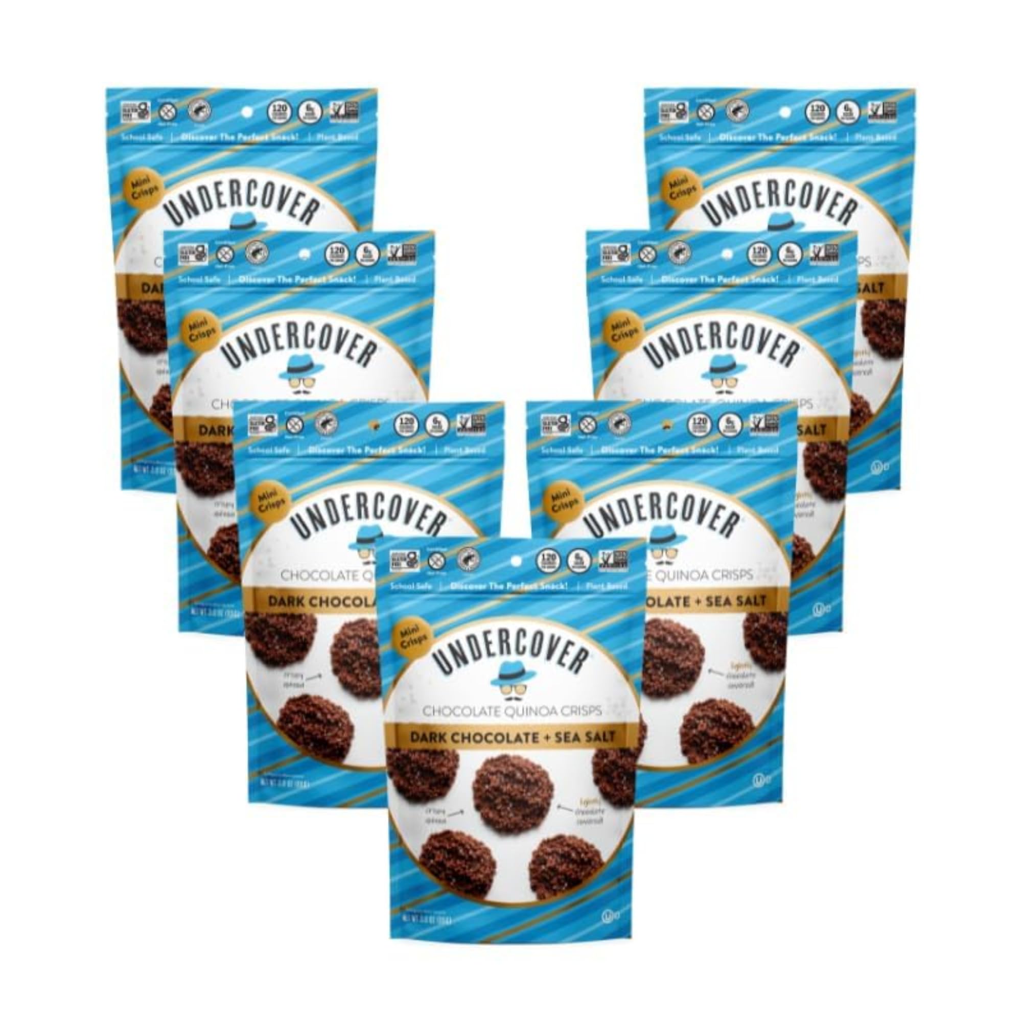 Undercover Snacks Chocolate Quinoa Crisps - Dark Chocolate + Sea Salt Quinoa Crisps | 7-Pack, 3oz Bags of Mini Crisps | Gluten Free, Nut-Free, Allergen Friendly, Kosher, Plant-Based