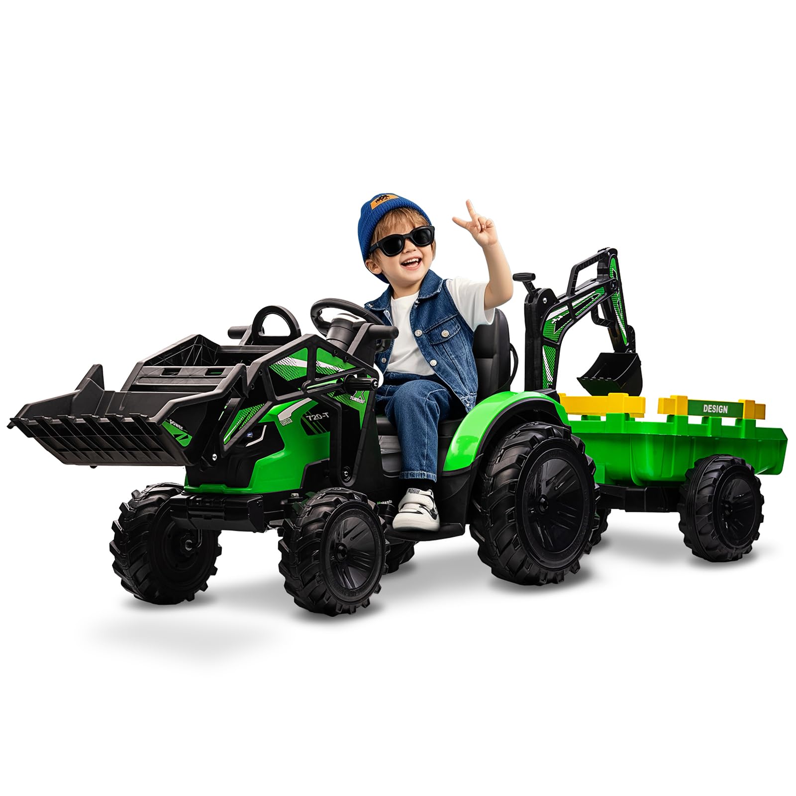 Tractor 3 en 1, juguete de paseo de 24 V para niños grandes, excavadora - Vehículo eléctrico a batería con remolque, excavadora, control remoto, luces LED, música, USB, funciona con pilas, verde