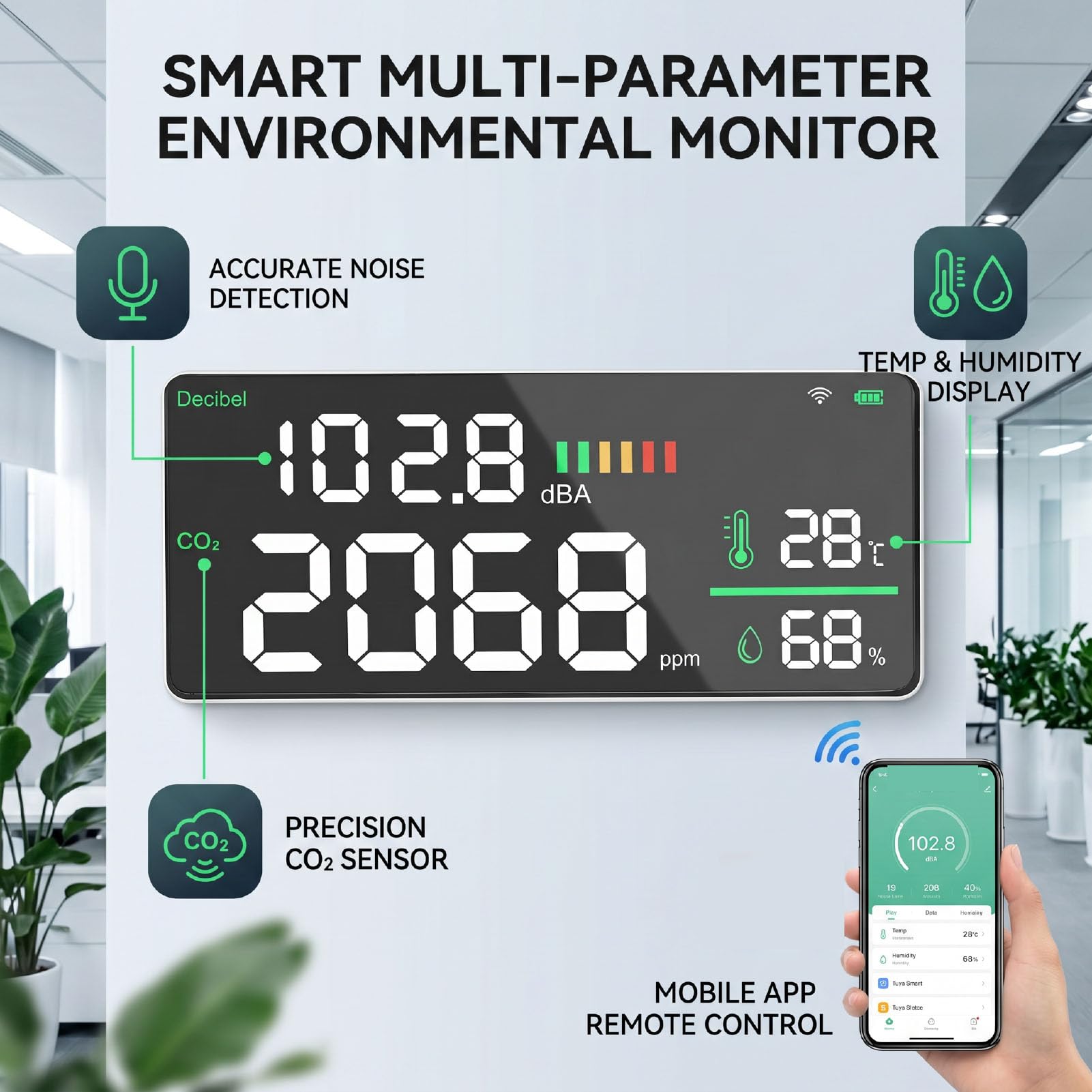 Generic Medidor de Decibelios Digital Inteligente con Detección de CO2 y Monitoreo Ambiental para Oficina en Casa WiFi 2.4G