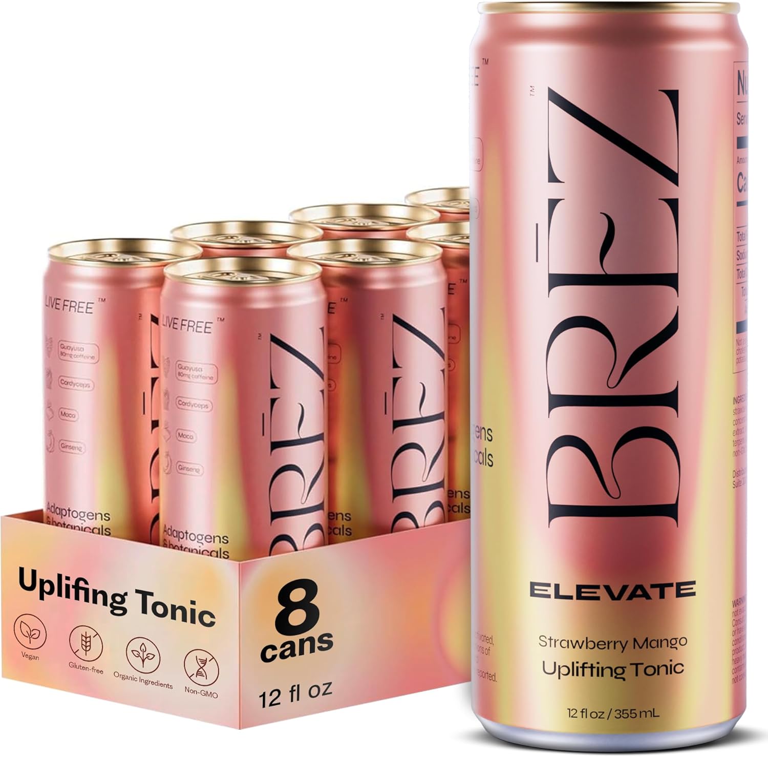 BRĒZ ELEVATE Cordyceps Mushroom Drink, Non-Infused Uplifting Tonic with Cordyceps, Guayusa, Maca & Ginseng, Vegan Adaptogen Drink for Focus, Drive & Mental Clarity, Strawberry Mango, 12 fl oz, 8 Pack