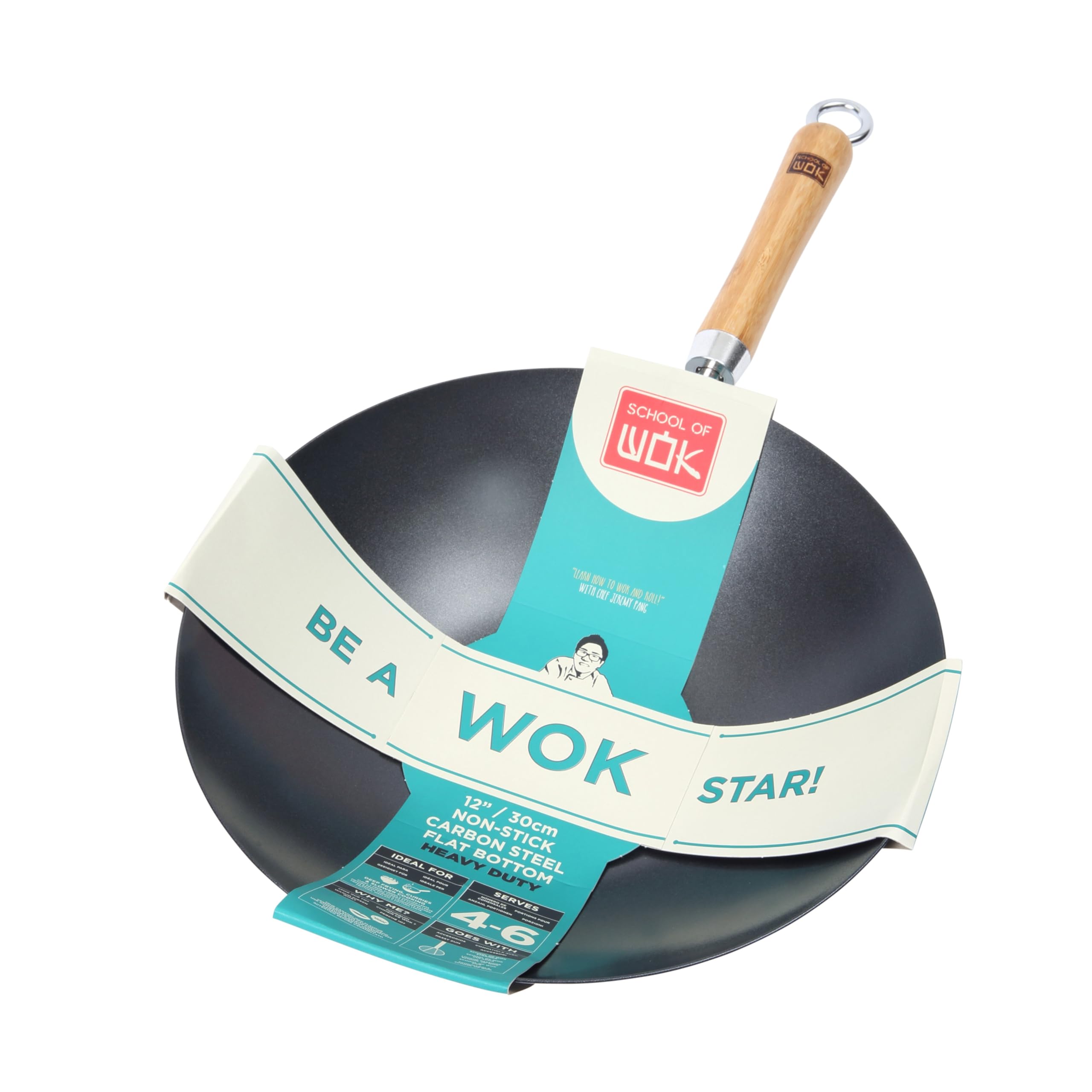School Of Wok Grey - 12"/30Cm Heavy Duty Non-Stick Carbon Steel Wok, Flat Bottom, Bamboo Handle