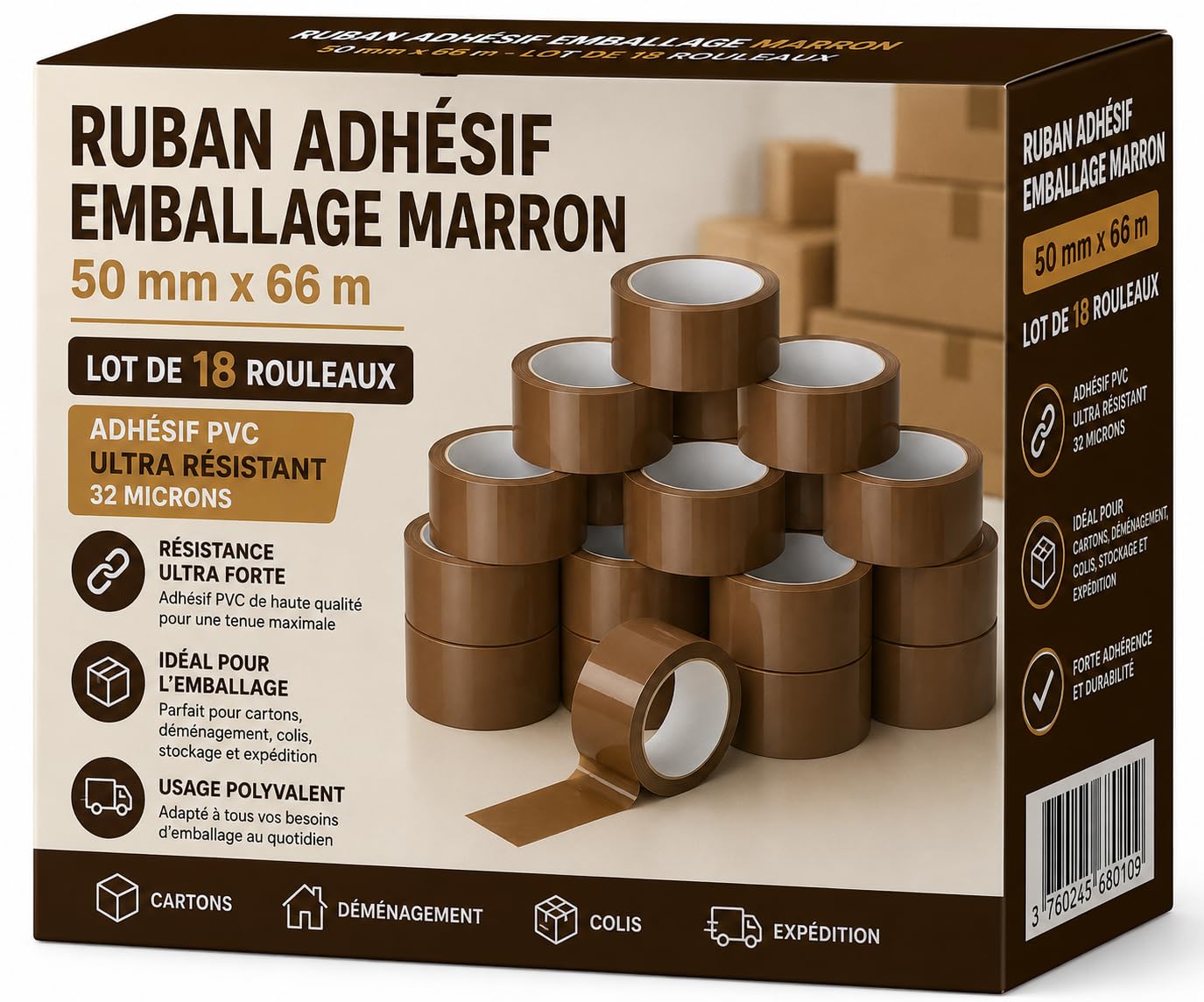 Générique Ruban Adhésif Emballage Marron 50 mm x 66 m – Lot de 18 Rouleaux – Adhésif PVC Ultra Résistant 32 Microns – Ruban d’Emballage Transparent pour Cartons, Déménagement, Colis et Expédition
