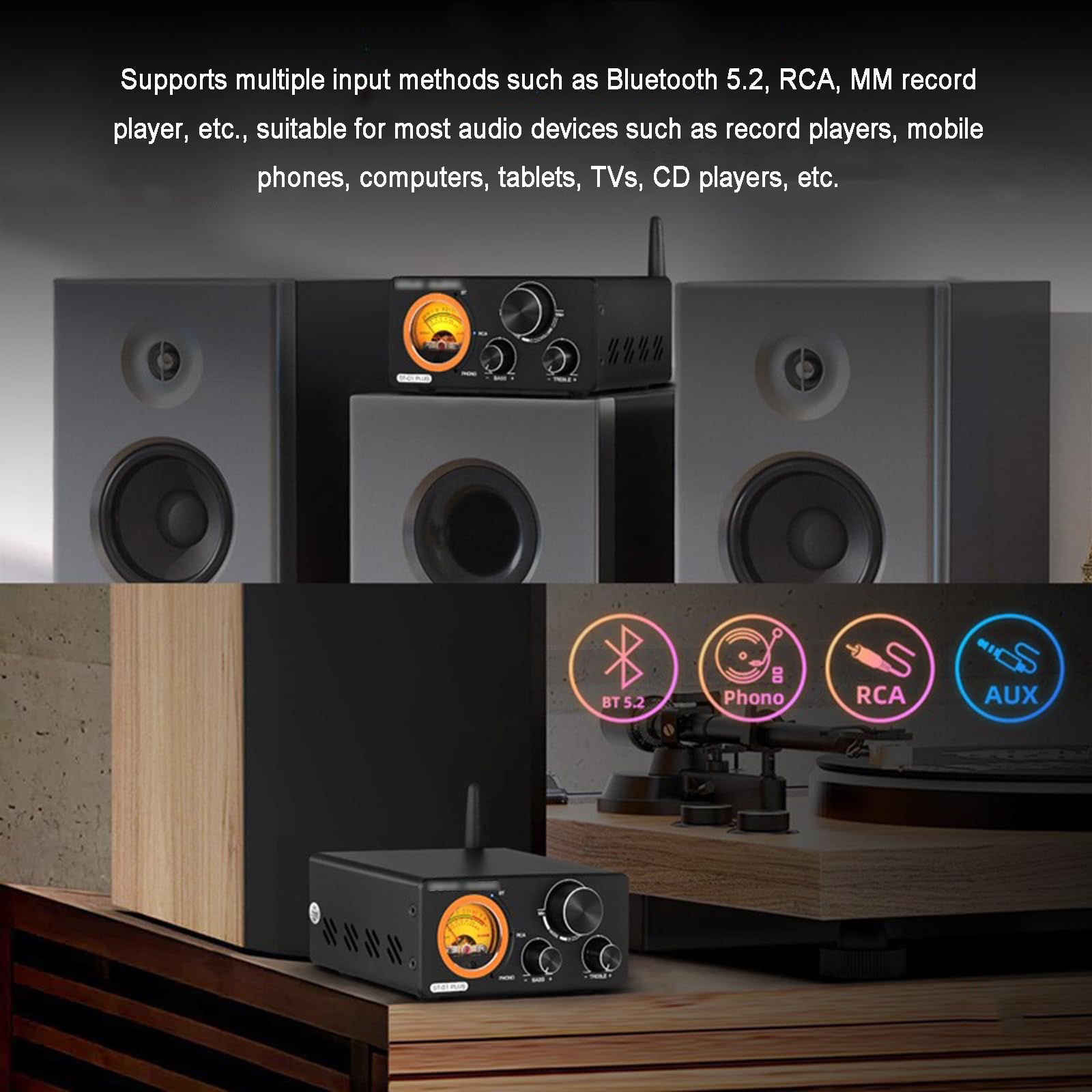 Amplificatore Stereo Bluetooth, Amplificatore Phono per Giradischi, con Misuratore VU, Controllo Alti Bassi, Ingresso Bluetooth/Stereo RCA/3,5 Mm, per Altoparlanti Home Theater