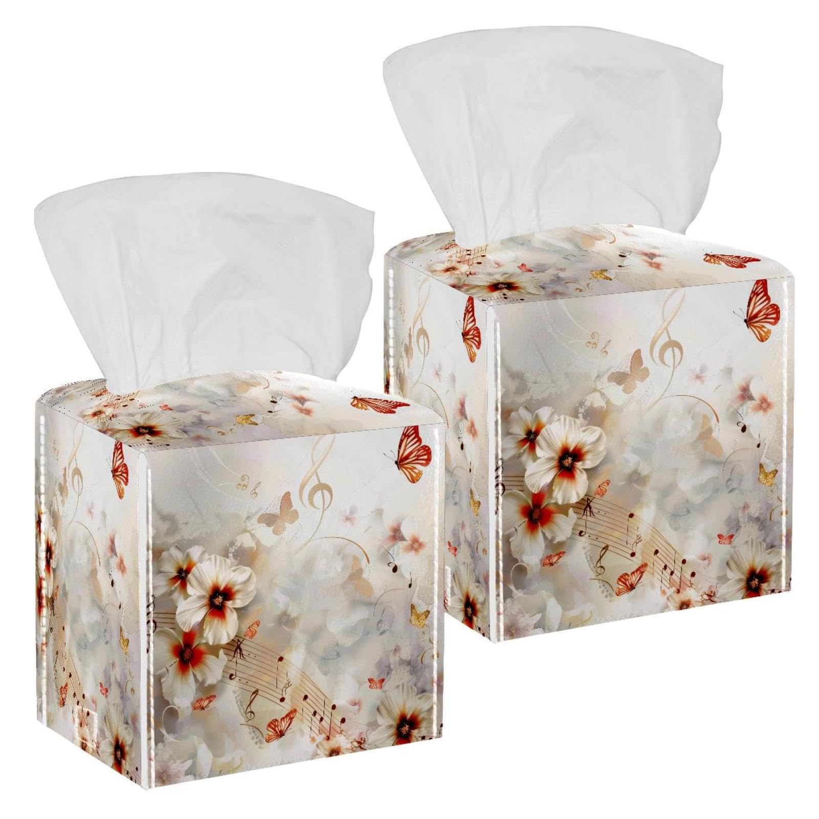 Florals Music Notes Tissue Box Cover, 2 Pack PU Leather Square Facial Tissue Dispenser Box holder for Home Office Car