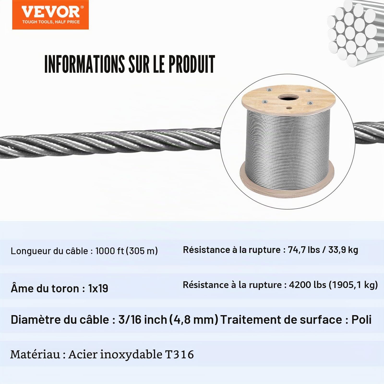 VEVOR Câble en acier inoxydable, 4,8 mm x 305 m, câble métallique inox 316 1x19 qualité marine pour garde-corps, balustrade, guirlande lumineuse à suspendre, clôture de porche, balustre de bricolage