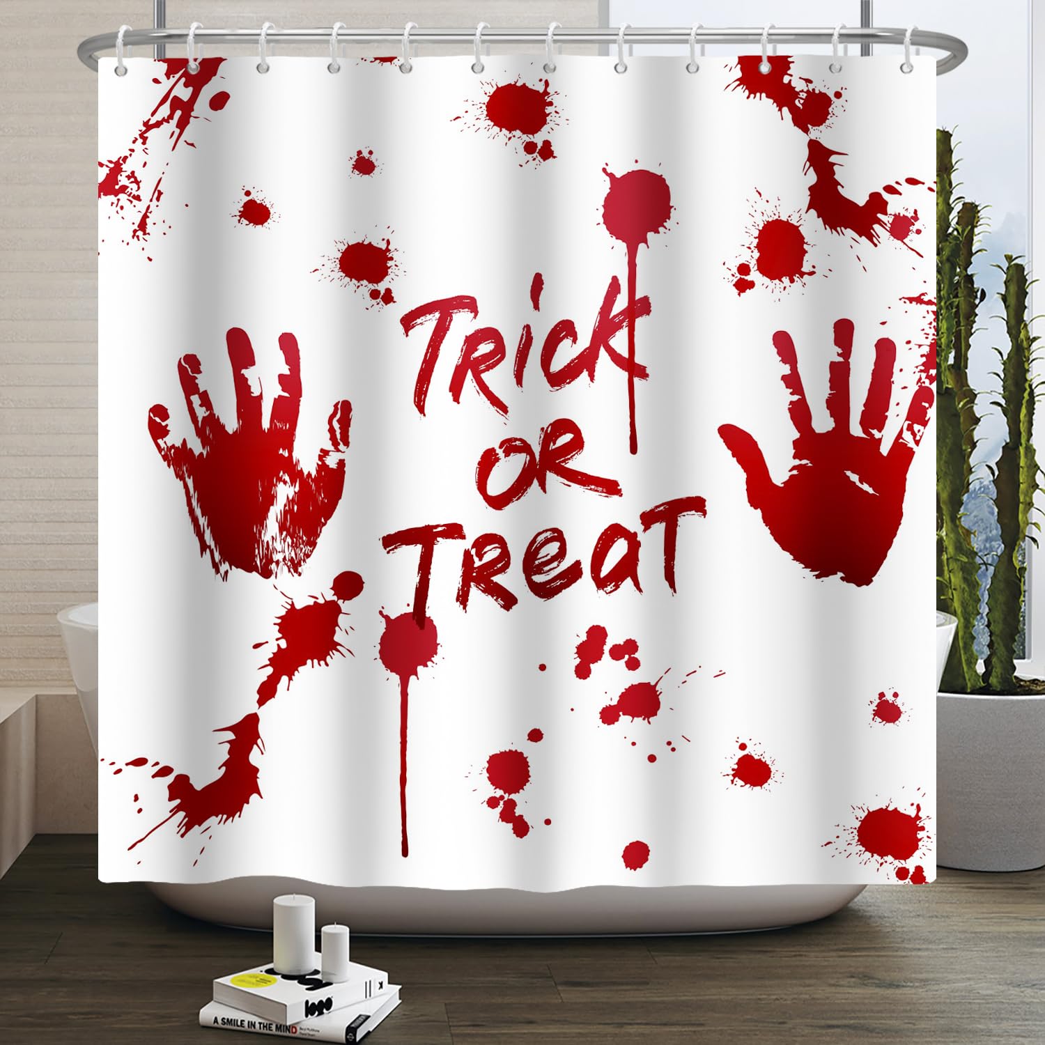 SDOTPMT 120x180cm Trick or Treat Shower Curtain Creepy Horror House Bloody Handprint White Bath Curtain Halloween Themed Bathtub Curtain for Bathroom Decor Polyester with Hooks