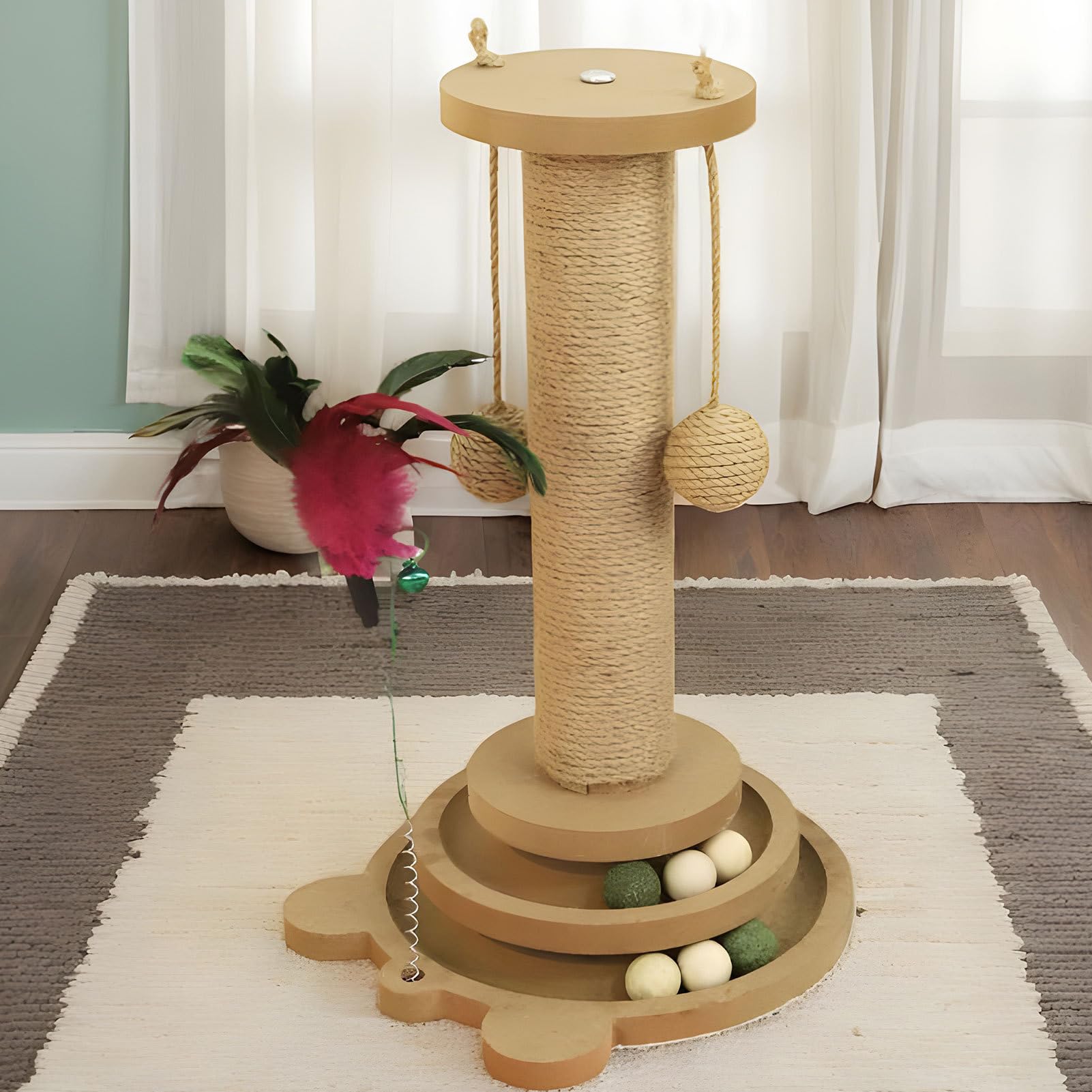 Griffoir À Griffes pour Chat Circuit À Balle pour Chat | Cadre d'Escalade Vertical avec 2 Boules de Sisal Adapté aux Grandes et Petites Tailles Zone de Détente pour Chaton
