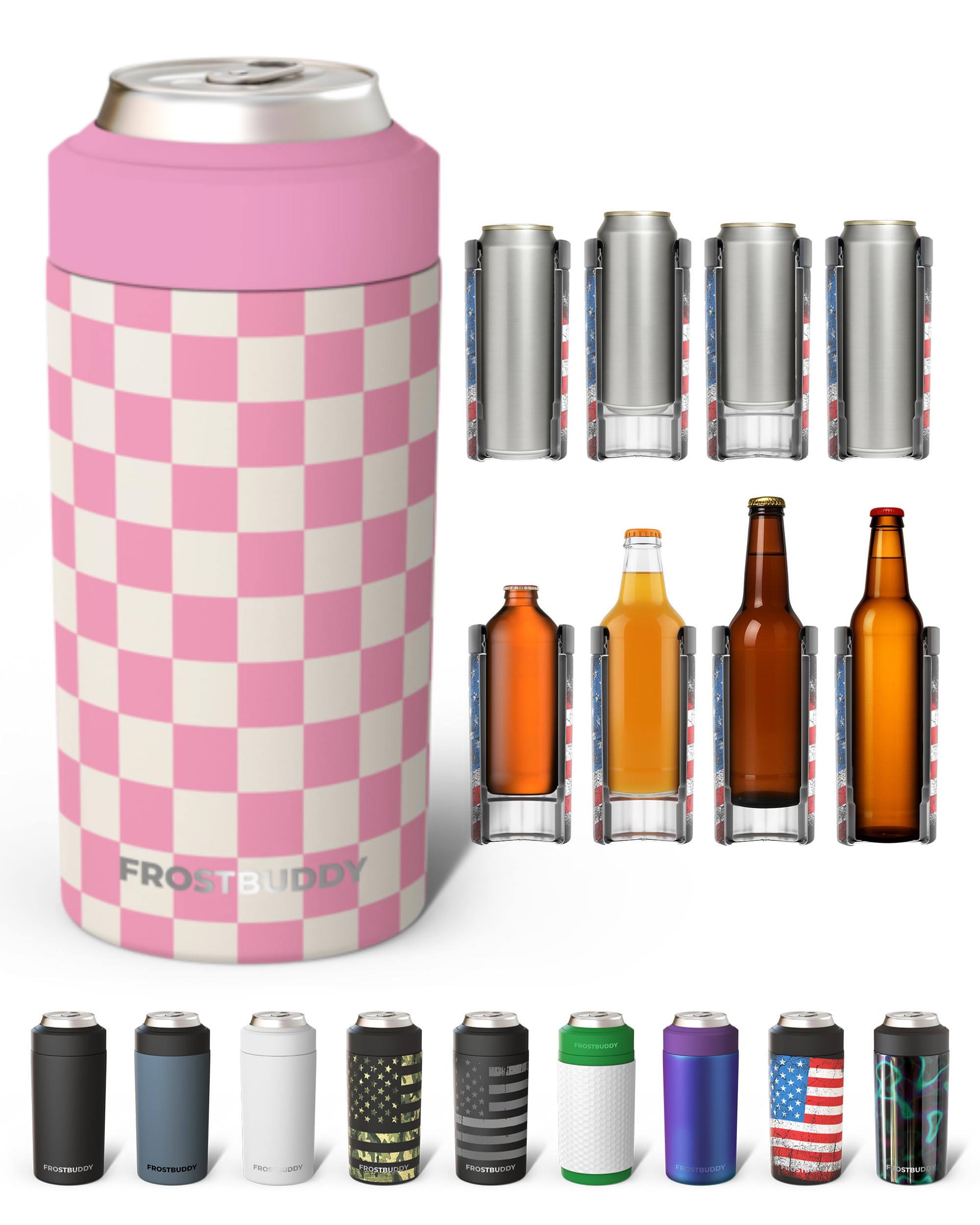 Frost Buddy Universal Can Cooler, Stainless Steel, Pink Checkered