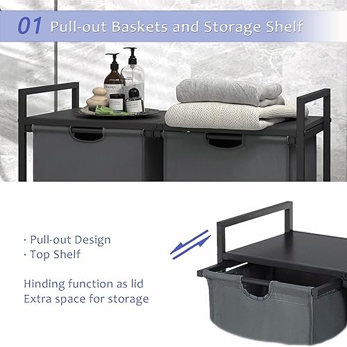 Miniatura 2 de DAELIFKER Cesta doble para ropa sucia, cesta de lavandería con ruedas y estante, clasificador de lavandería de 2 secciones, cesta de ropa sucia para