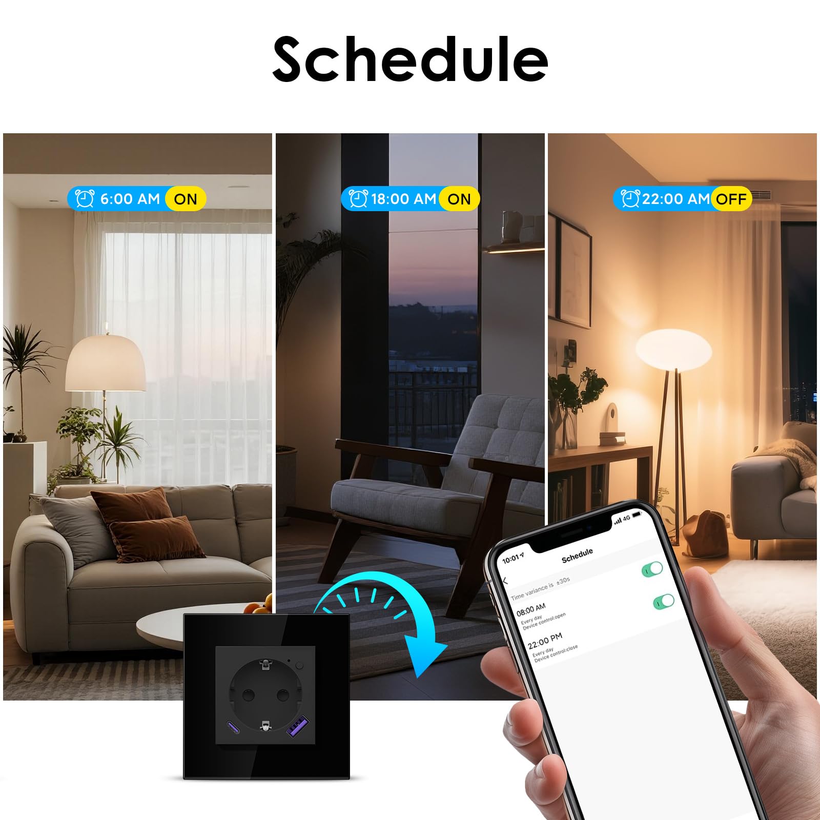 BSEED Wifi Schuko Stopcontact met USB C 20W Snellader, Inbouw Slimme Wifi Stopcontact voor Alexa/Google Home, Elektriciteitsmeter voor Wandcontactdoos met Smart Life/Tuya App, 1 Voudig 86mm Zwart