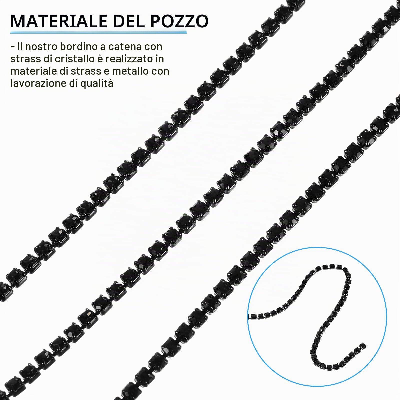 QUARKZMAN 10 Iarda Cristallo Strass Catena, 3,0 mm Cucire su Chiudi Artiglio Catena Taglio per Fai da Te Gioielli, Abbigliamento, Borse, Nero, 1 Rotolo