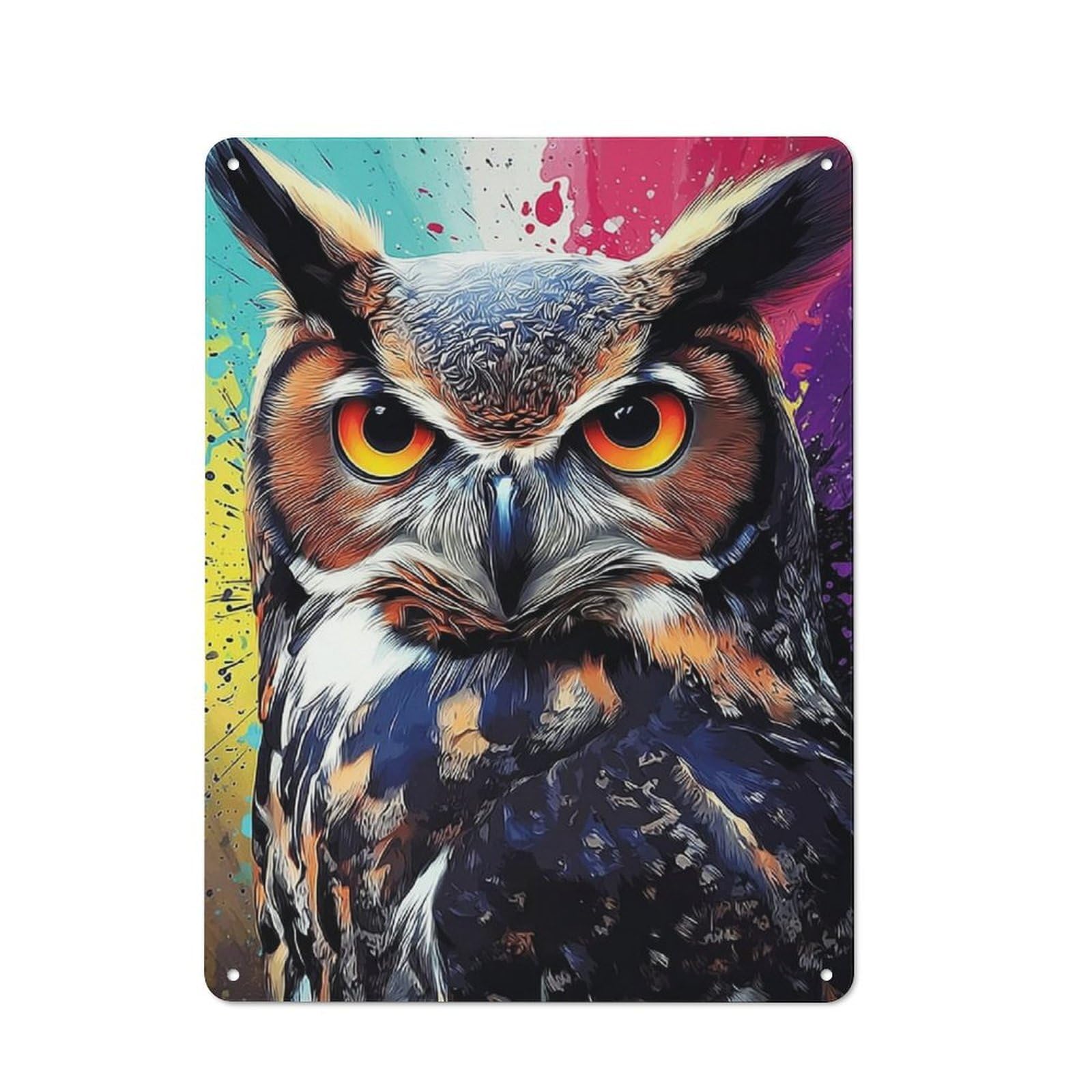 Classic Metal Plaque 40x30cm Featuring Colorful Abstract Owl Artwork -1, Bistro Wall Plaque for Kitchen, Cafe, Pantry Or Dining Room
