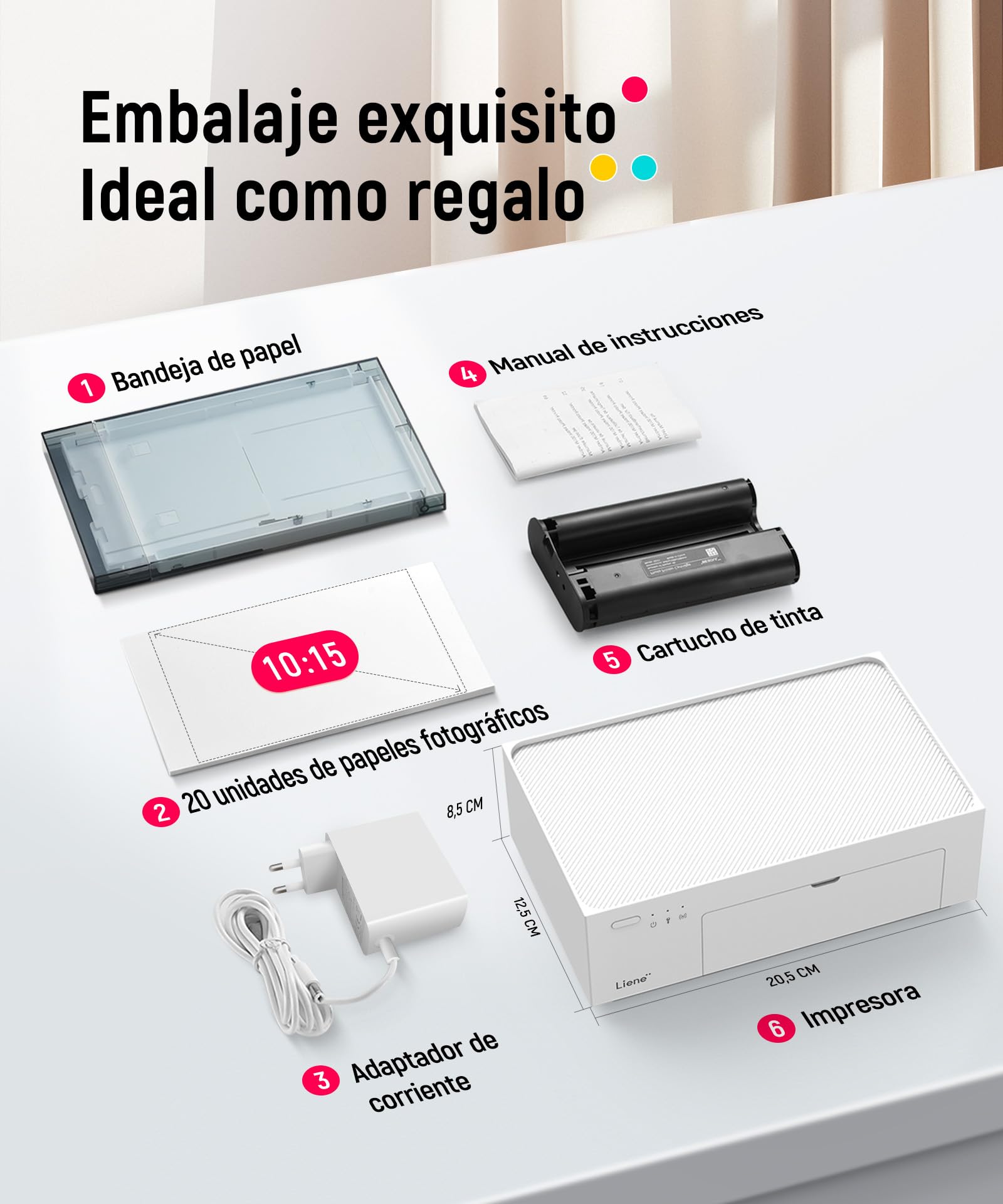 Liene Amber M100 Impresora Fotográfica, 10 X 15 WiFi Impresora Fotográfica Instantánea para PC/iPhone/Android, con 20 Papeles Fotográficos/Cartucho, Impresión a Sublimación, 300DPI, Impresora Móvil