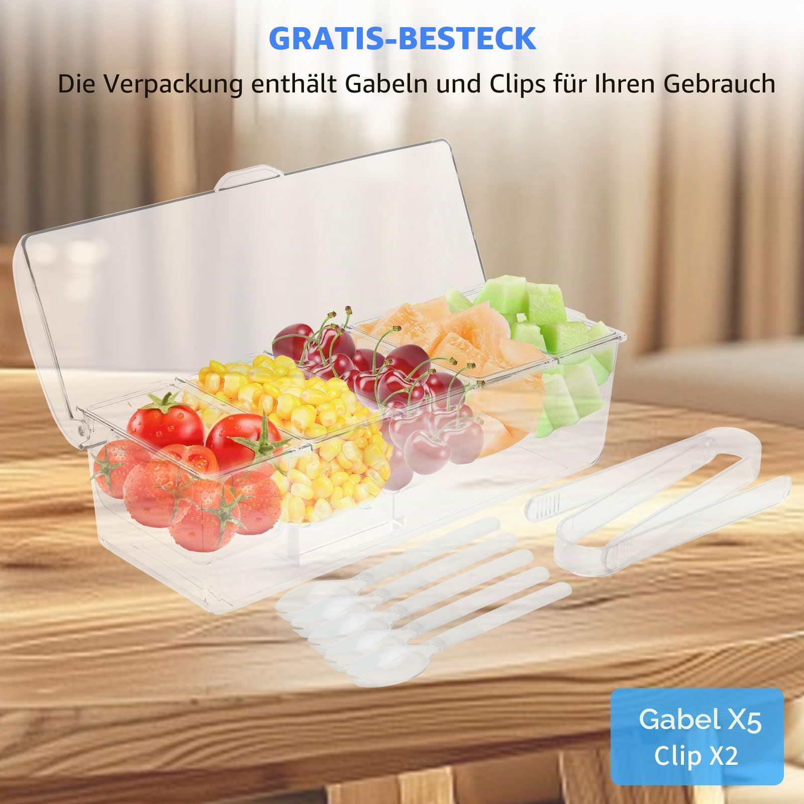 Kühle Genüsse - Ice Bar Set mit 5 Einsätzen, 5 Löffeln und 2 Zangen - Cocktailparty, Bar, Buffet - Pizza, Obst - BPA-frei, leicht zu reinigen - Großer Kapazität, Serviertablett für Obst