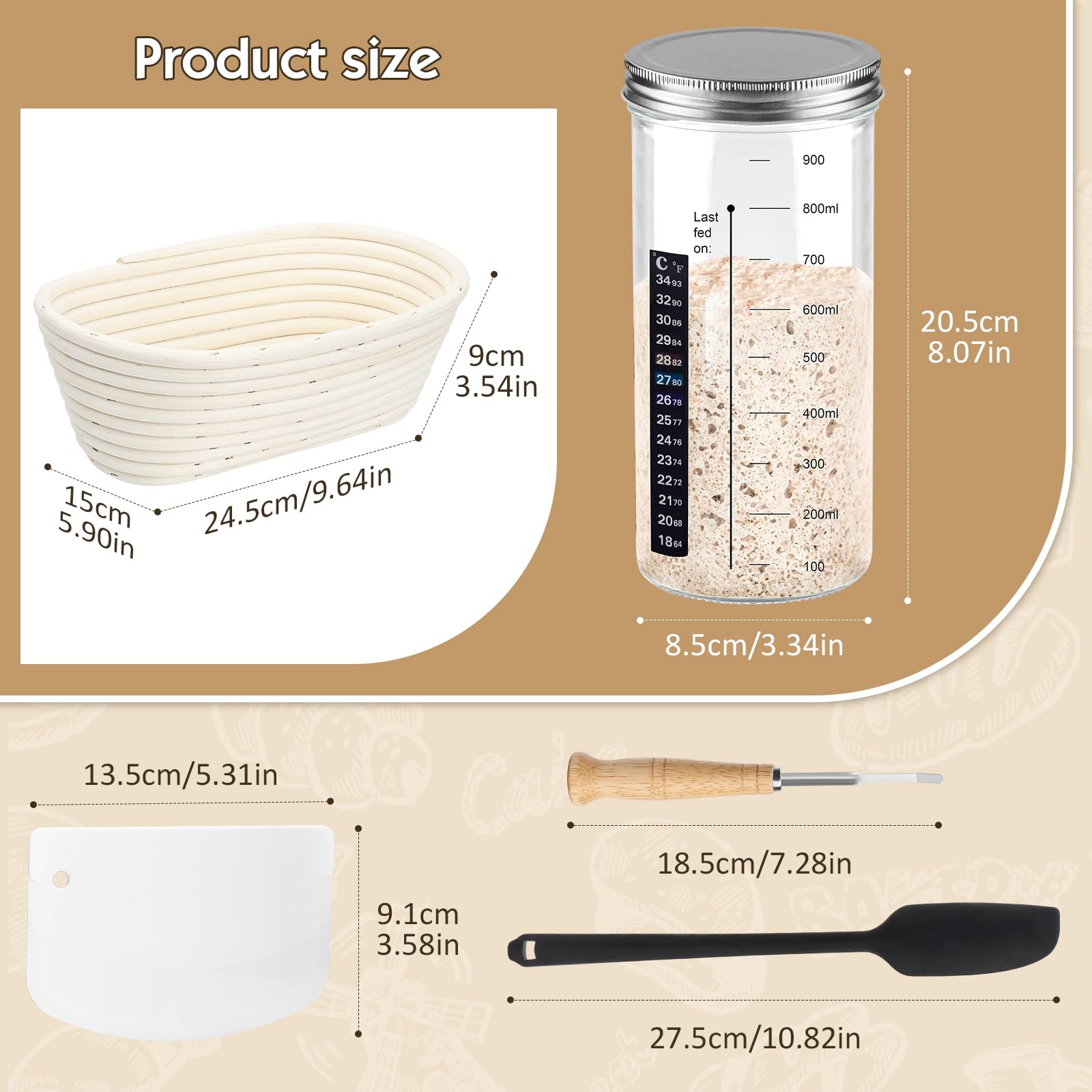 11-teiliges Gärkörbchen Set - Natürliches Rattan | Sauerteig Starter Set Mit Zubehör