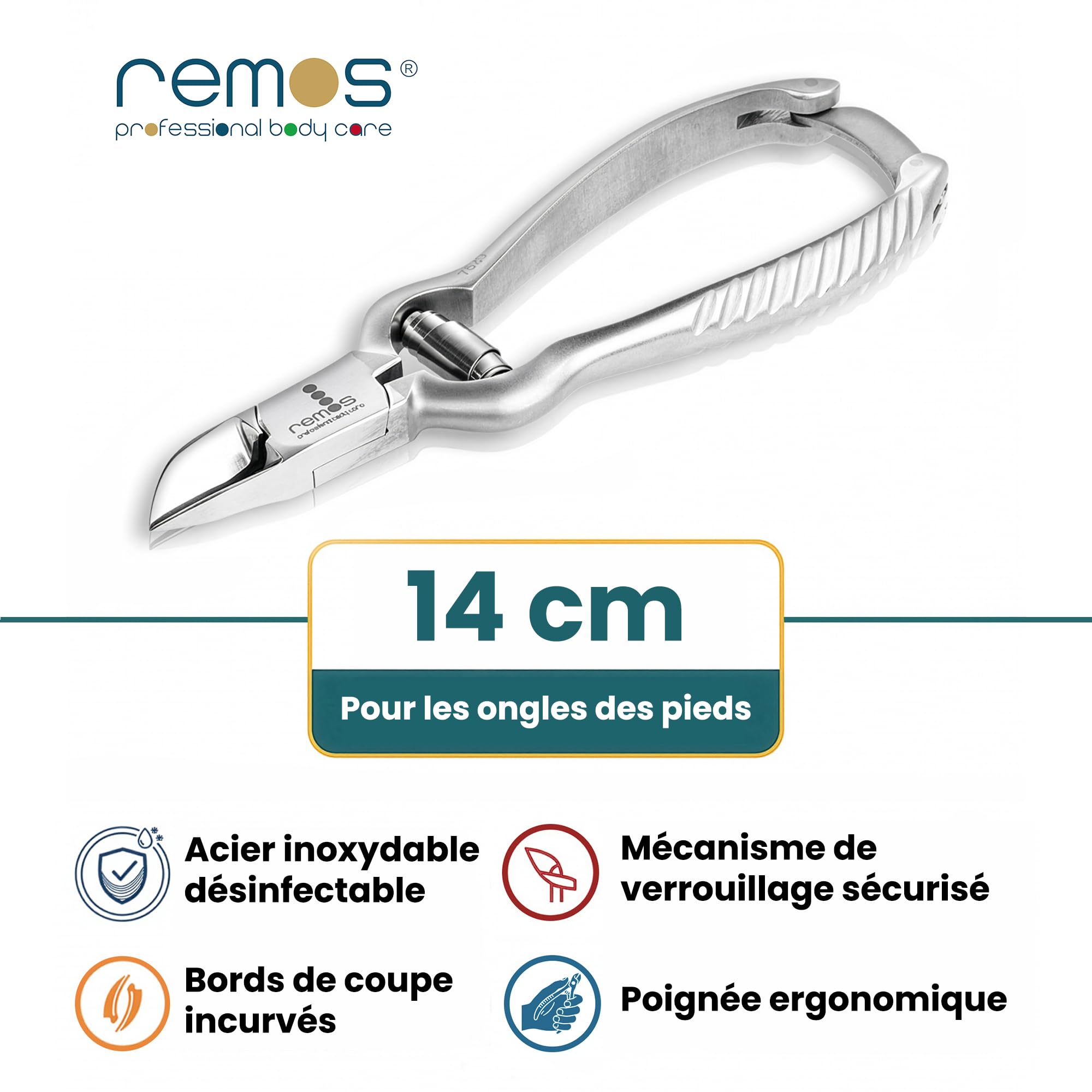 REMOS Pince à ongles avec fermeture acier inoxydable [14 cm] pour ongles de pieds épais
