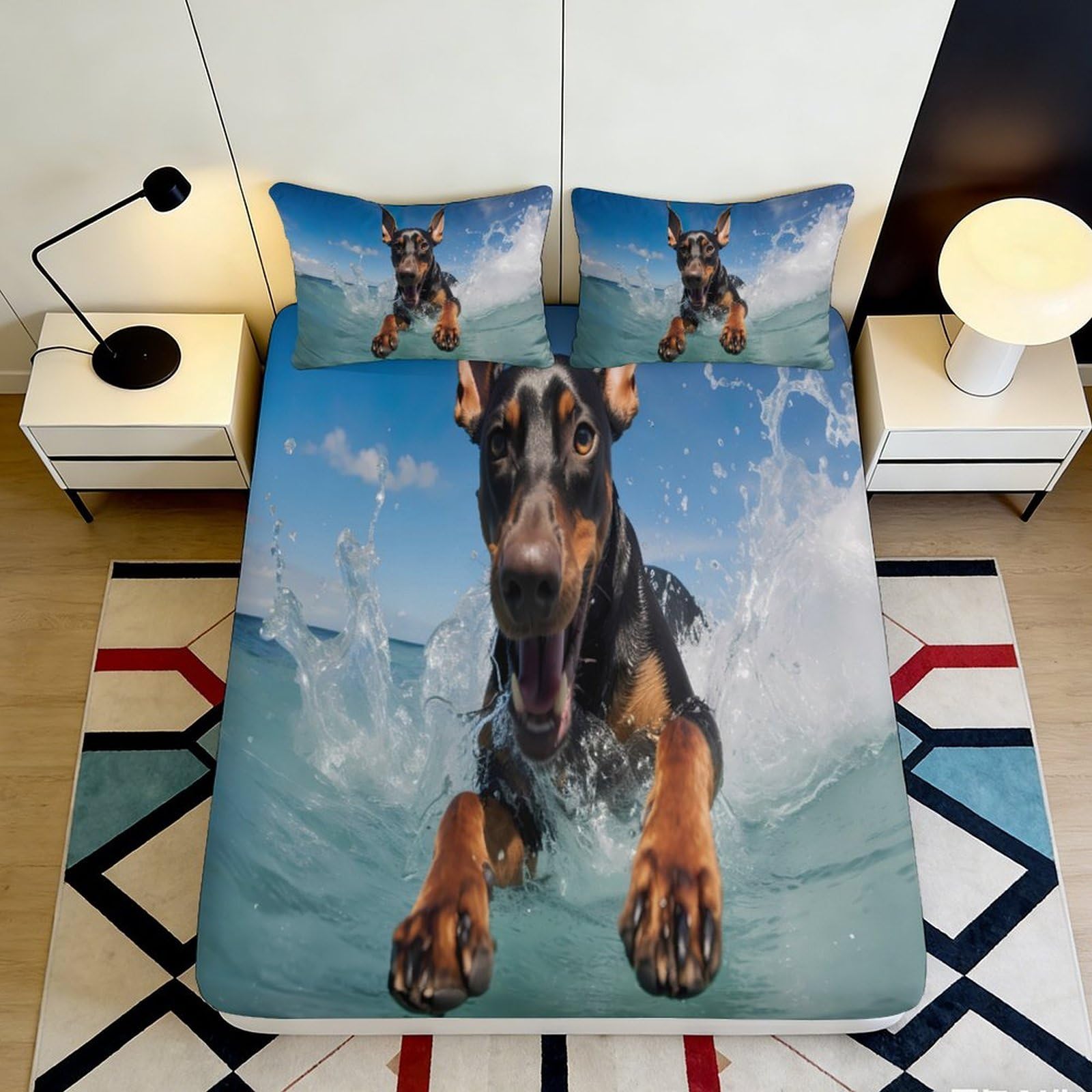 3D Printed Doberman Water Splash Fitted Sheet Microfiber Soft Machine Washable Dog Bed Cover for Bedroom Decor 90x200x25cm