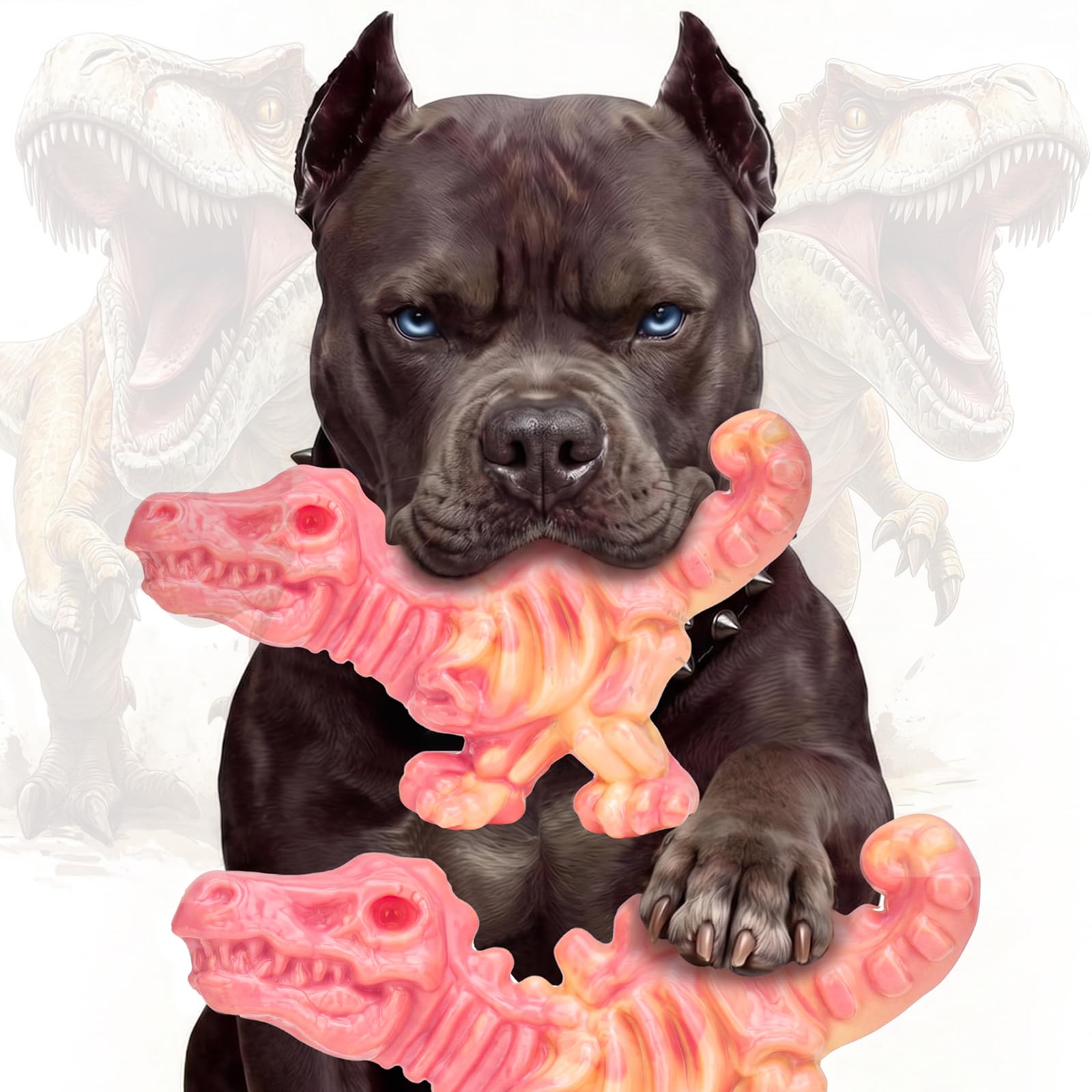 DinoBone 2-Pack Tough Dog Chew Toys for Aggressive Chewers, Bacon, Coral | Durable Dinosa…