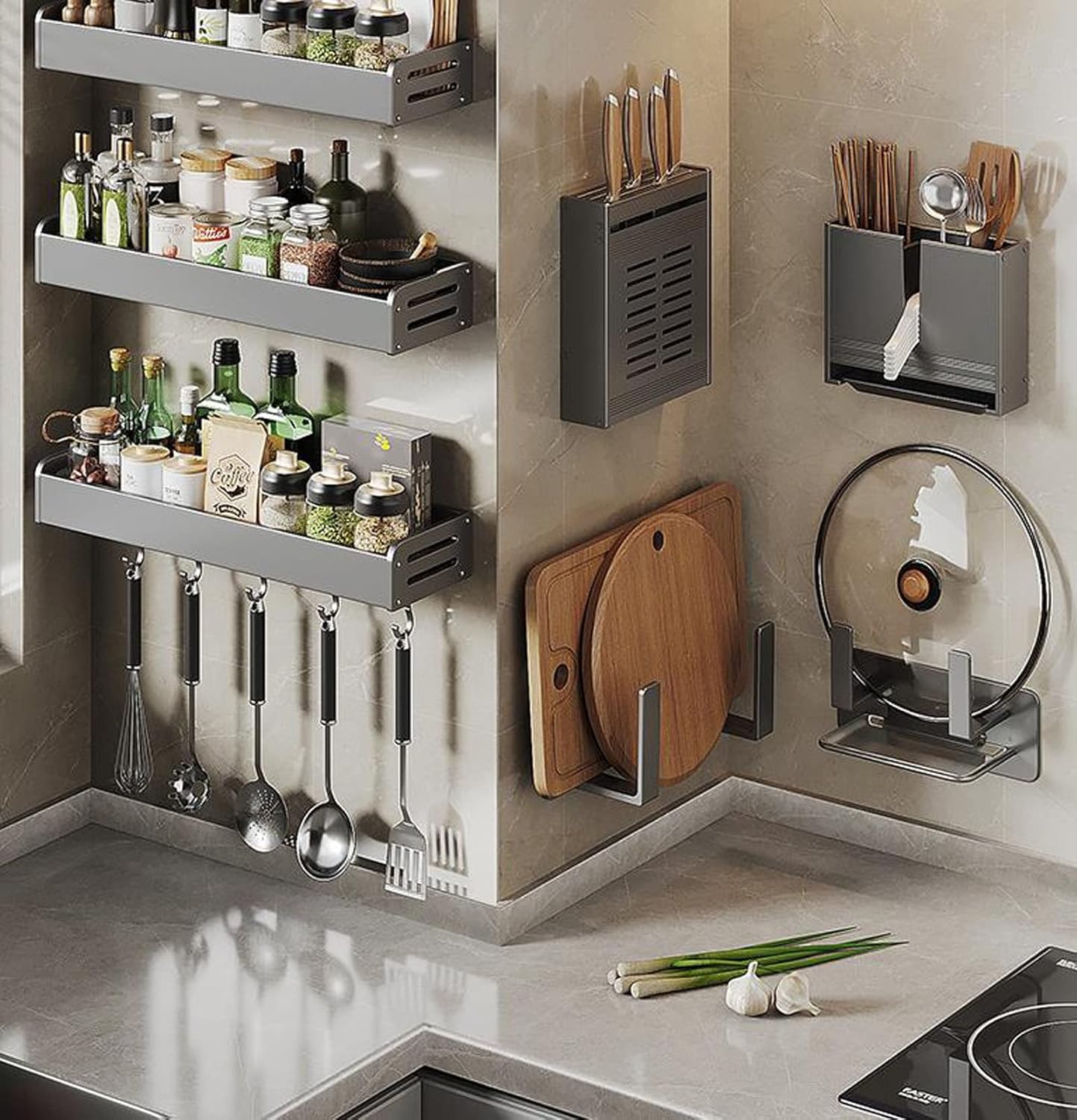 Wall Mounted Spice Rack Kitchen Essentials Set Pan Spice Rack Hanging Spice Storage Rack for Cabinets,Black