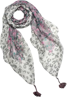 Floret Flowers Leopard Print Border Dangling Tassels Square Scarf - Pink Gray