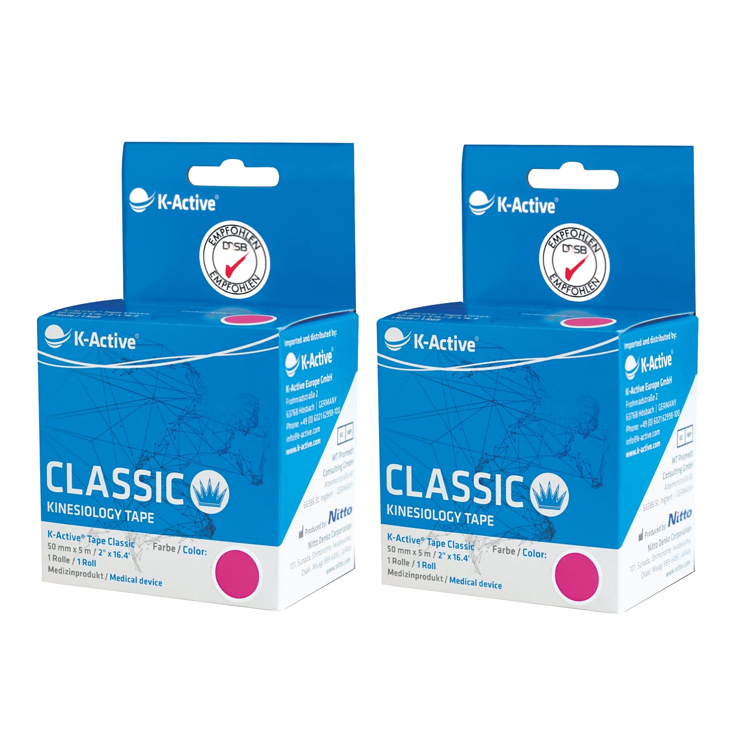 K-ActiveKinesiology Tape Classic PINK, water repellent and hypoallergenic, 50 mm x 5 m, 2 roll set