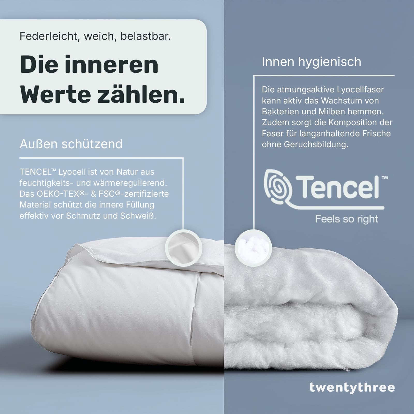 twenty:three® | Cloud Bettdecke 240x220 | Außen: 100% Lyocell (Tencel™) - Innen: 100% Recycled PET - Comforter - Eckbändchen, Schlafdecke, Nachhaltig, Atmungsaktiv, Luxus, Wärmeregulierend
