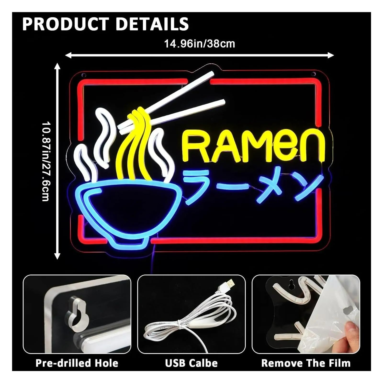 Hängende Kunst Leuchtreklamen Neonschild"Ramen"USB-dimmbare LED-Leuchten Für Japanische Nudeln, Restaurant, Geschäft, Küche, Esszimmer, Party, 14.96x10.87in