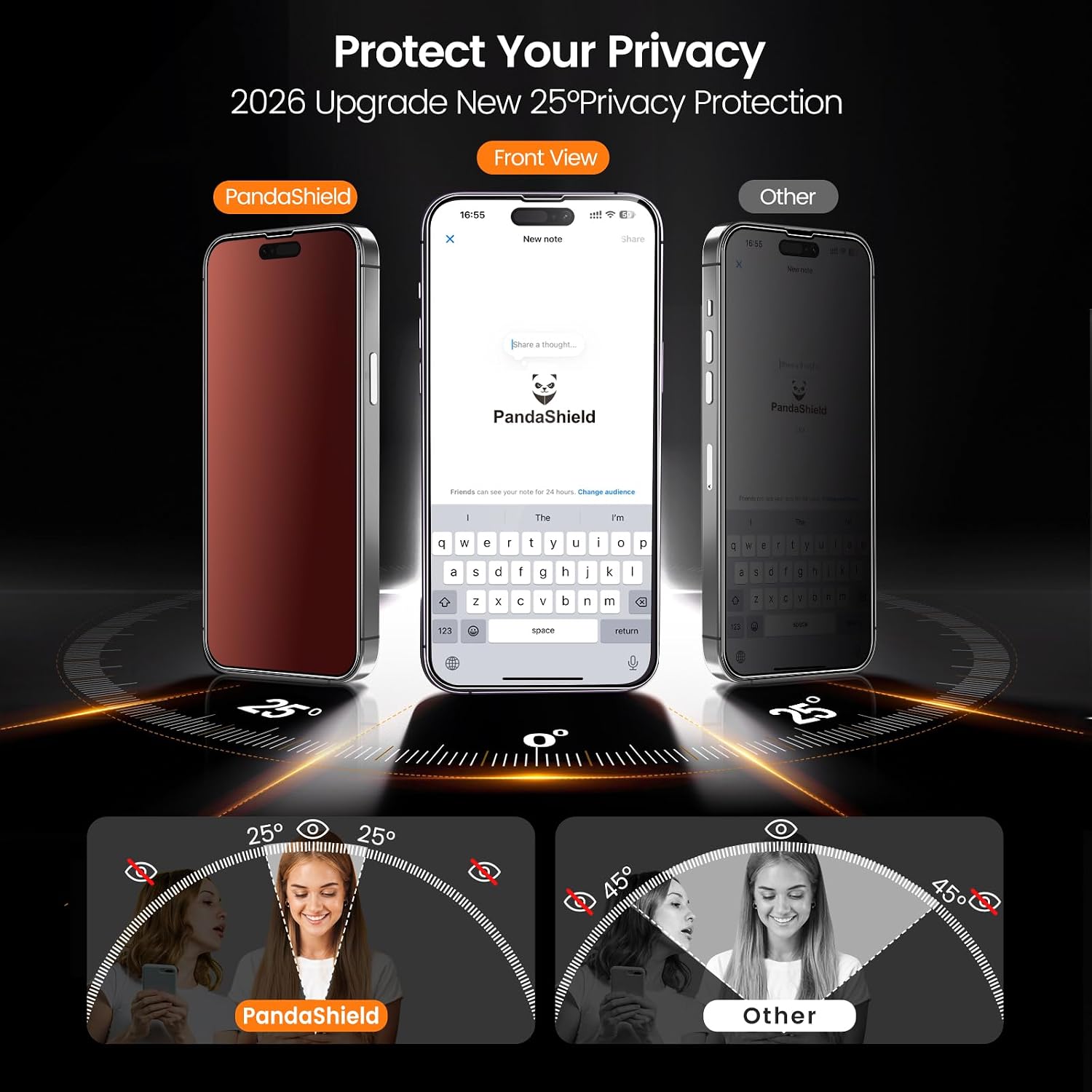 PandaShield 4 Pack Privacy Screen Protector for 16 Plus/15 Plus/14 Pro Max Tempered Glass 6.7 Inch,Red Gradient Anti Spy, Easy Installation,Anti-Scratch, Full Coverage