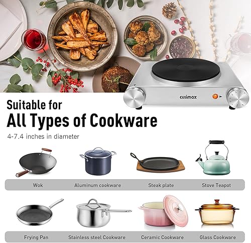 Miniatura 4 de Cusimax - Placa de cocción eléctrica de 1500W estufa eléctrica portátil para cocinar con control de temperatura ajustable