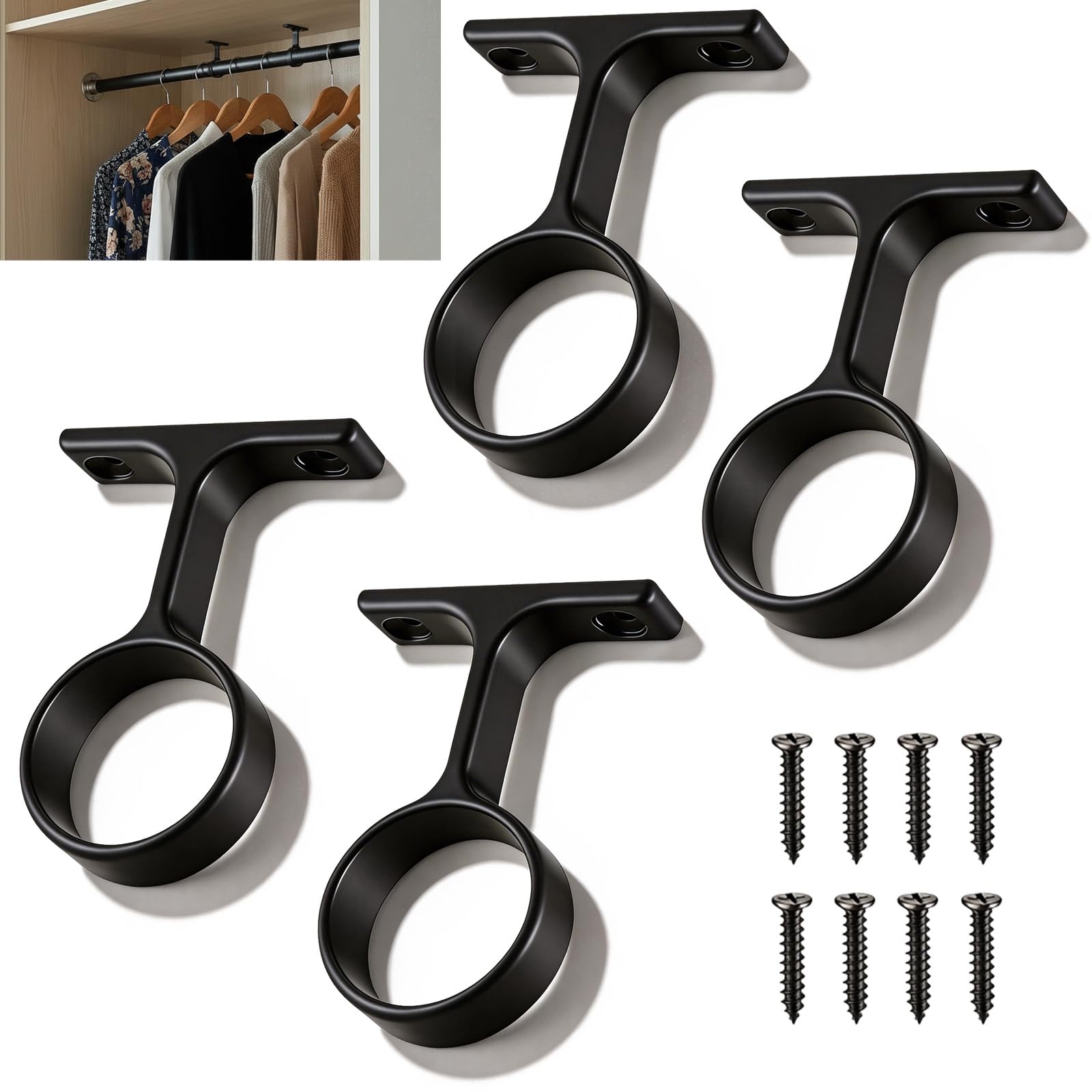 4 Pcs 1 5/16 Inch Round Wardrobe Closet Rod Center Support Brackets(Black)