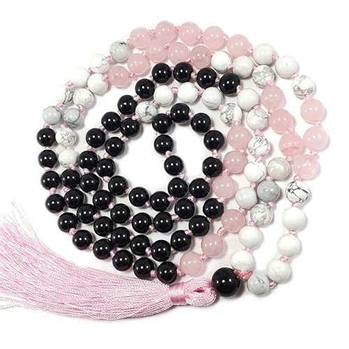 Balance Mind & Spirit 108 Japa Mala Necklace REAL Semi-Precious Stones Onyx Rose Quartz White Howlite Turquoise Hand-Knotted Pink Tassel Yoga