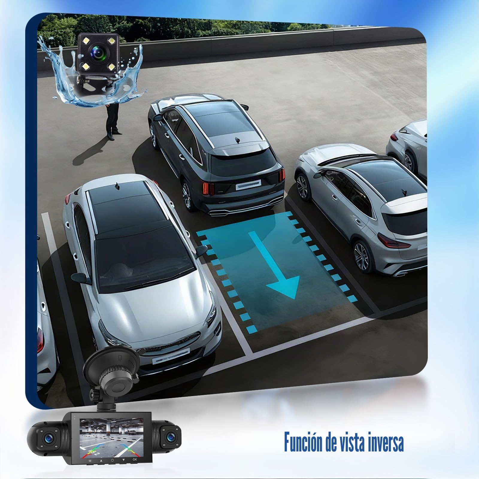 Dashcam Auto 360 Gradi 4 Canales, Cámaras 1080P Fronte/Interior/Trasera con 3" Pantalla IPS, Compatible con Tarjetas TF, Visión Nocturna/Vigilancia de Aparcamiento 24h/Sensor G/Grabación en Bucle